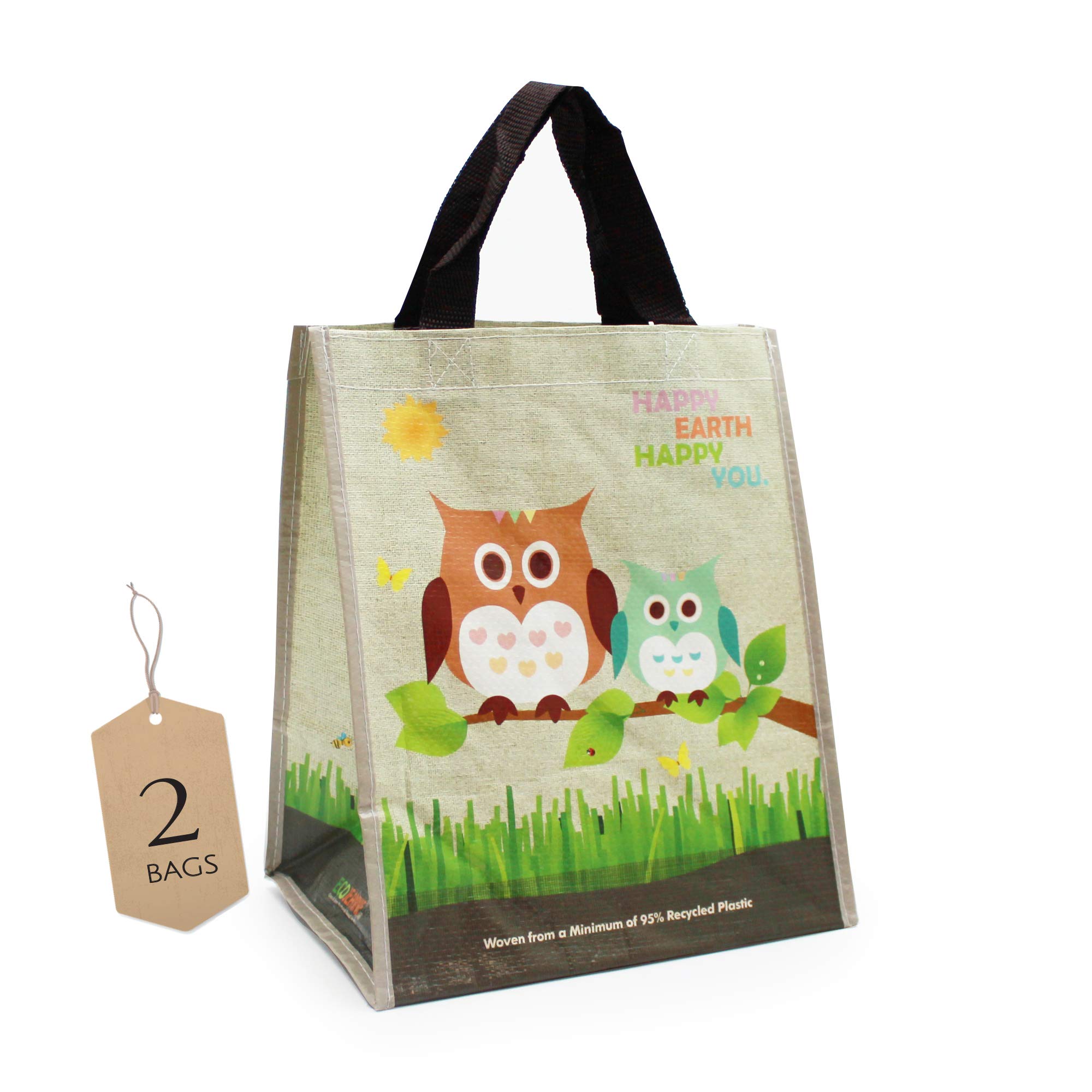 (2 Pack) Ecojeannie Laminated Mini Woven Reusable Grocery Shopping Bags, made with a minimum of 95% recycled plastic