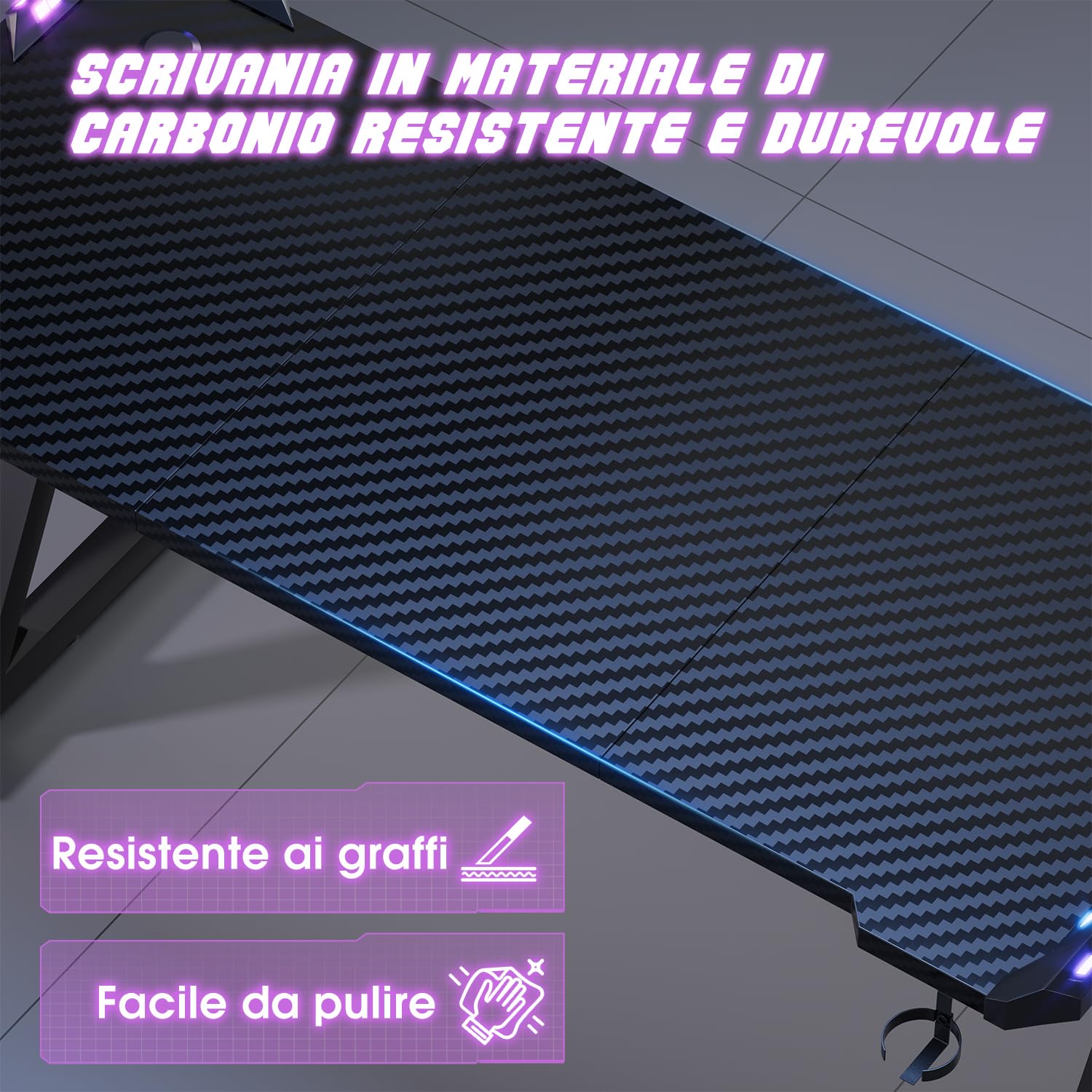 Devoko 120 x 60cm Scrivania Gaming LED, Tavolo Gaming Ergonomica, Scrivania per Computer con Porta Bicchiere e Ganci per Cuffie, Postazione con Piano del Tavolo in Fibra di Carbonio, Nero