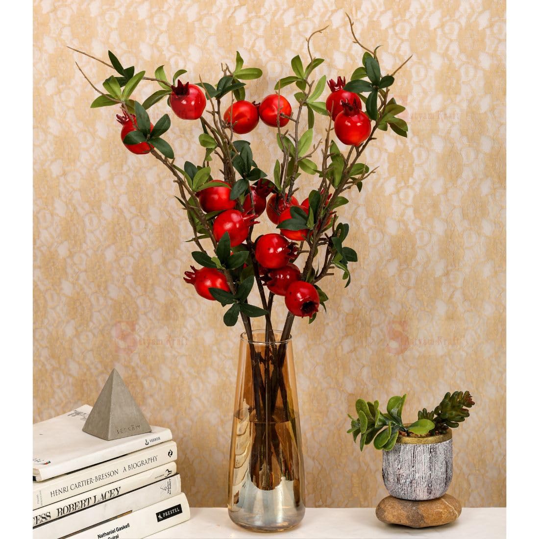 SATYAM KRAFT 3 Piece Artificial Pomegranate Plant Stick, with Big Realistic Leaves for Decoration – Ideal for Home, Office, Garden, and Indoor,…