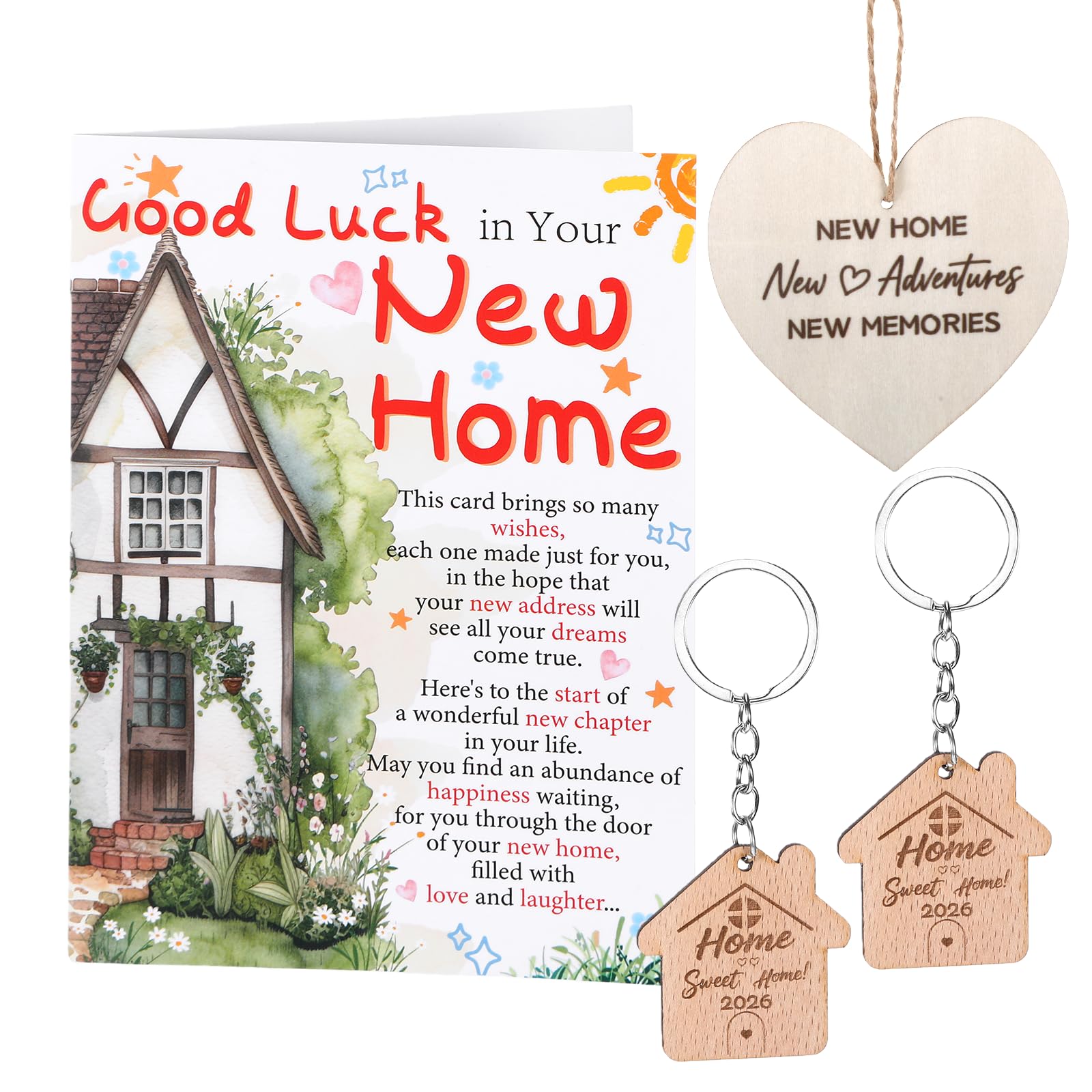 New Home Gifts For Couple Family, Housewarming Gifts Set With Happy New Home Card, 2 House Keyring and Wooden Heart Plaque, Good Luck Cards, House Warming Gift For Friends Couples And Family