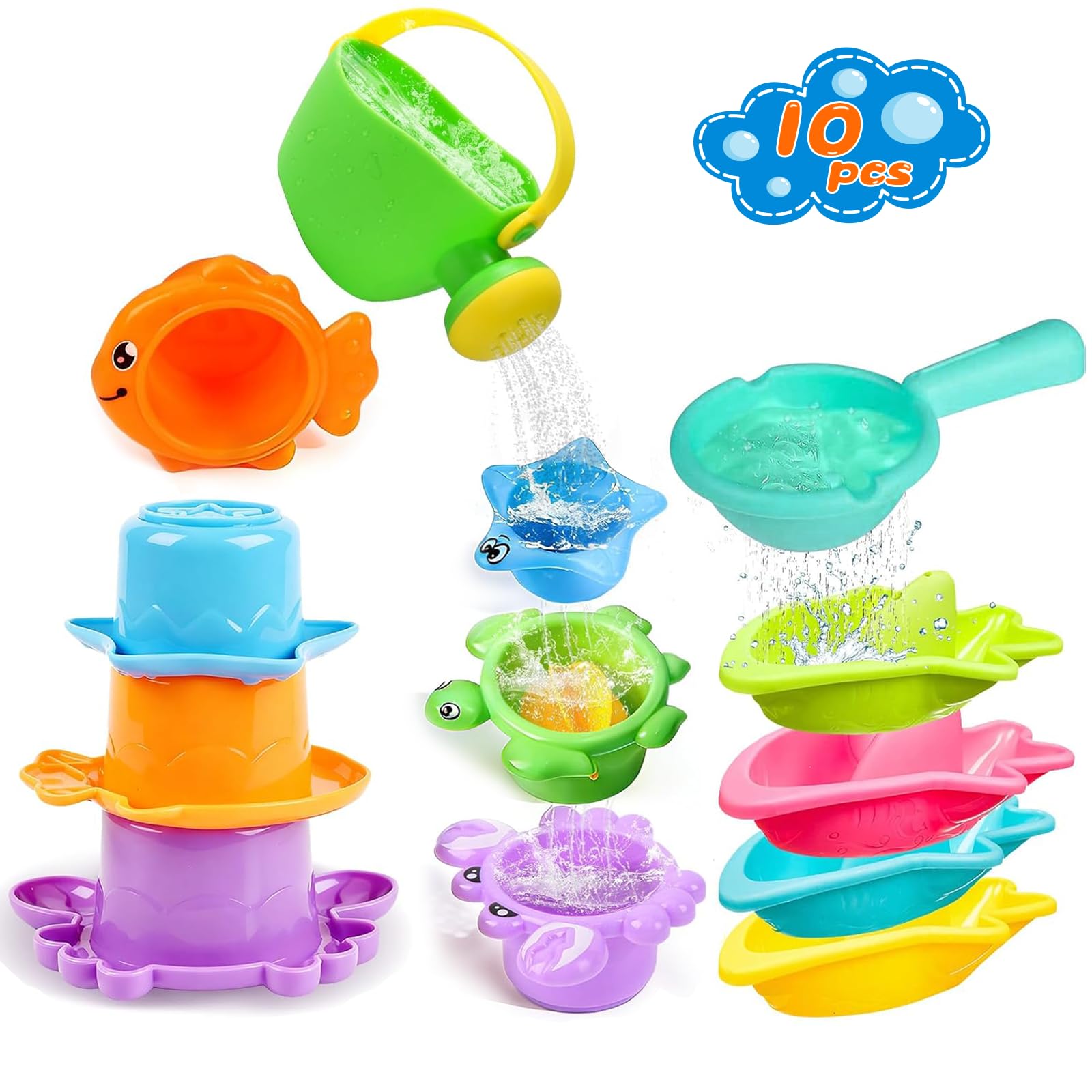Baby Bath Toys for 1 2 3 4 Year Olds, 10PCS Colorful Bathtub Water Play Swimming Pool Toys Fun Floating Boats Watering Can Bucket Spoons Set for Boys Girls