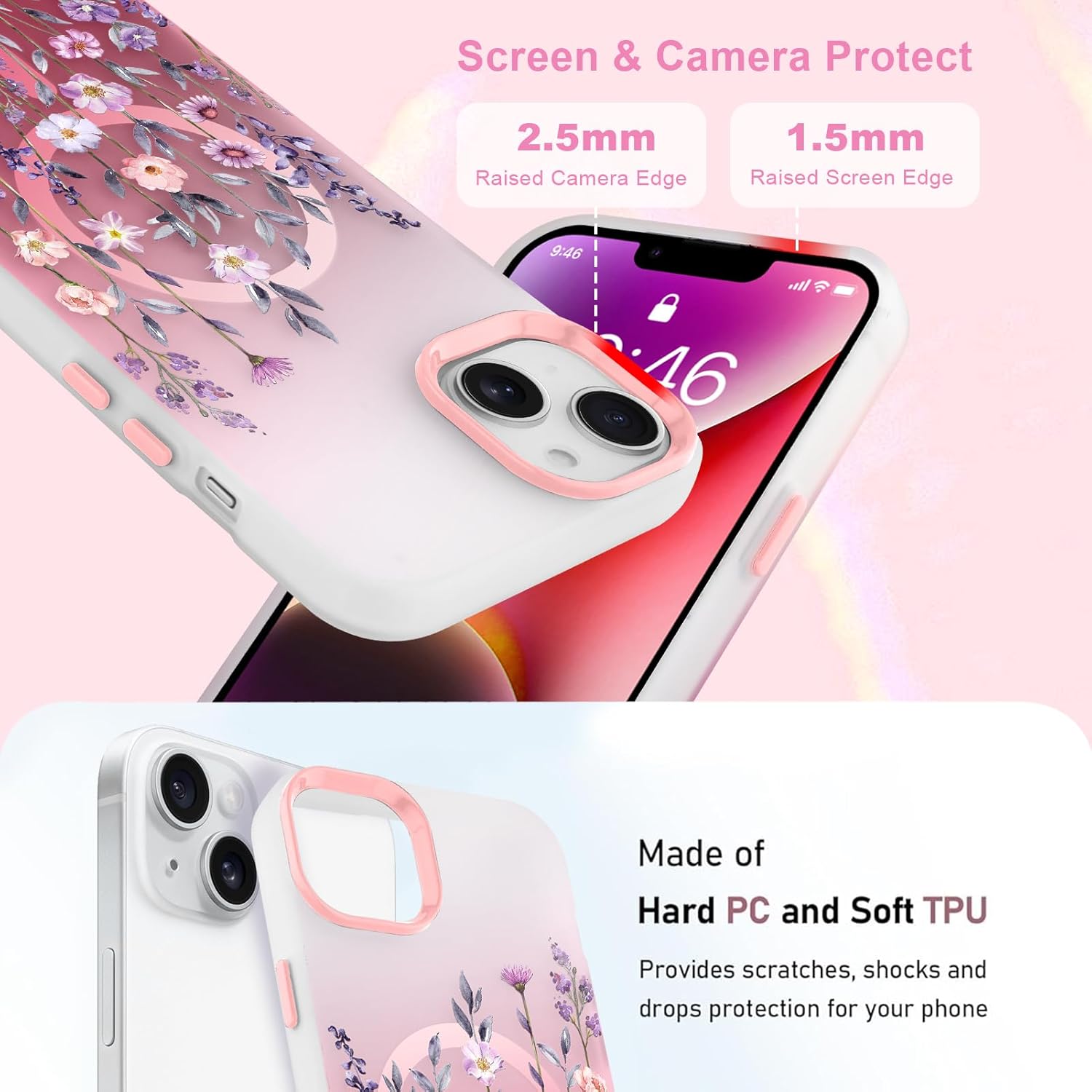 Magnetic for iPhone 14 Case [Compatible with MagSafe] Pretty Gradient Flower Floral Pattern Design, Slim Shockproof Jelly Cover for Women Girls, Pink