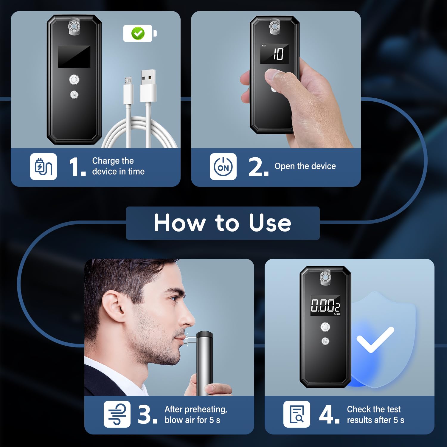 Pohicoo Éthylotest Électronique Homologué NF Éthylomètre Portable Pour La Maison Et Les Fetes Noir