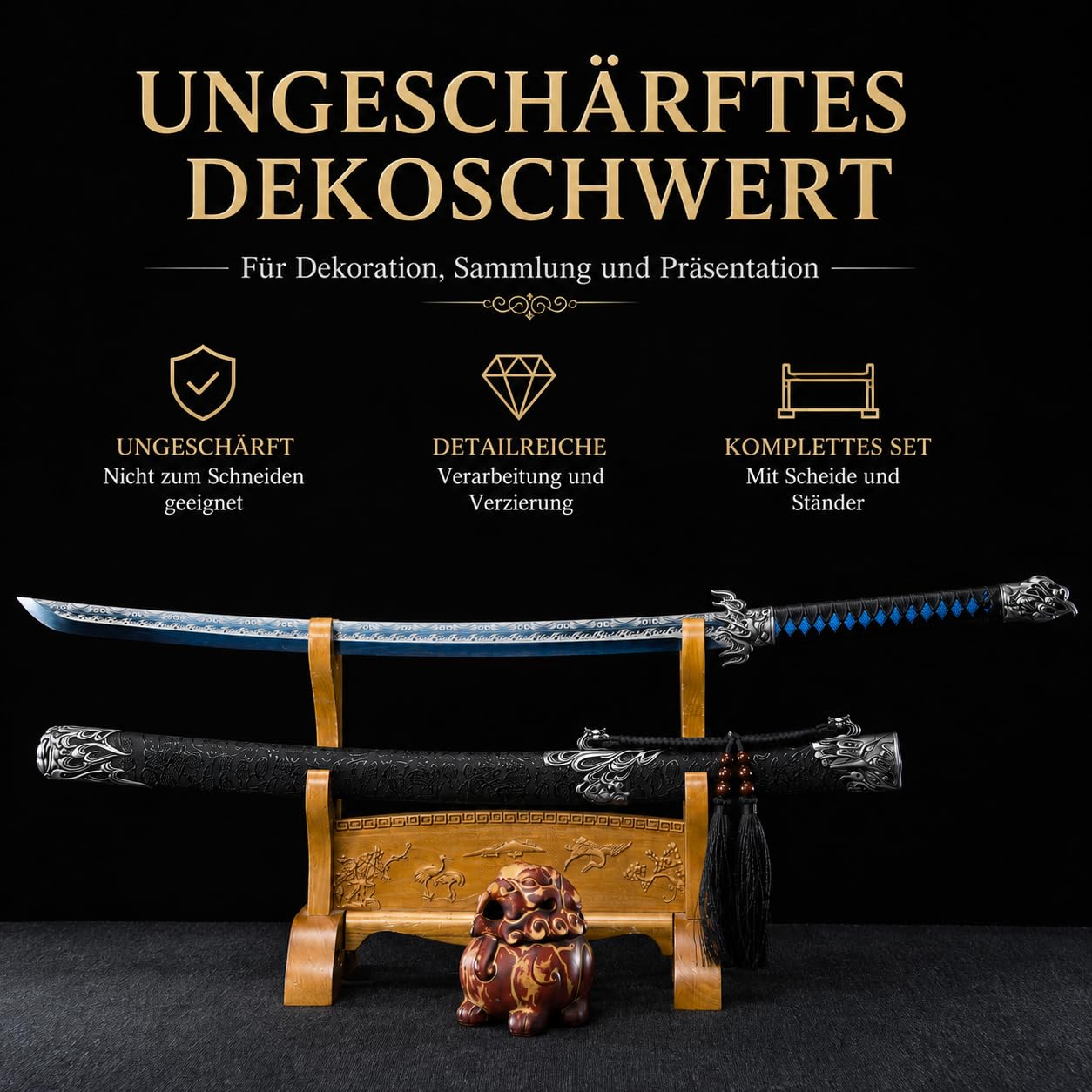 Samuraischwert Katana ungeschärft - Handgeschmiedet 1095 Kohlenstoffstahl Blaues Klingen-Finish - Echt Metall 109,5cm Deko Schwert mit Saya für Sammler, Dojo Training & Anime Deko