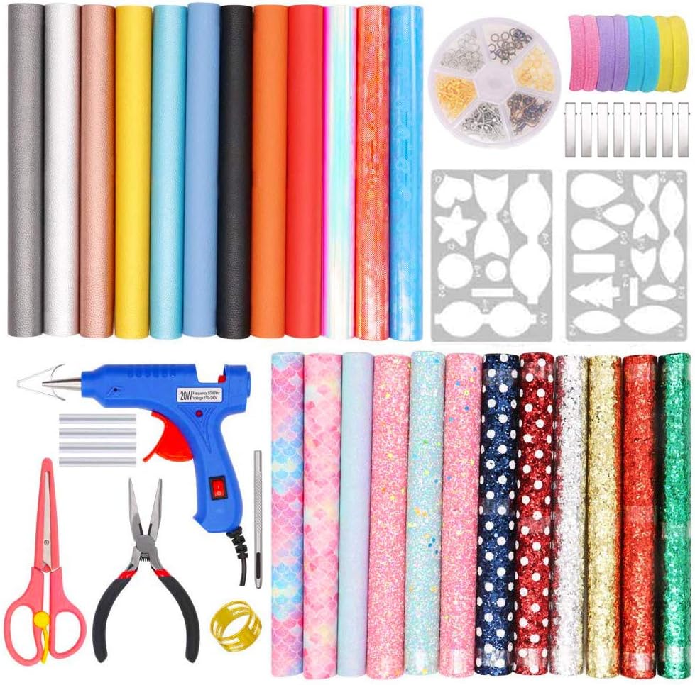 EUOTEO Leather Earring Making Kit, 24 Pieces 7 Styles Faux Leather Sheets with Complete DIY Supplies for Making Earrings/Hair Bows/Leather Crafts