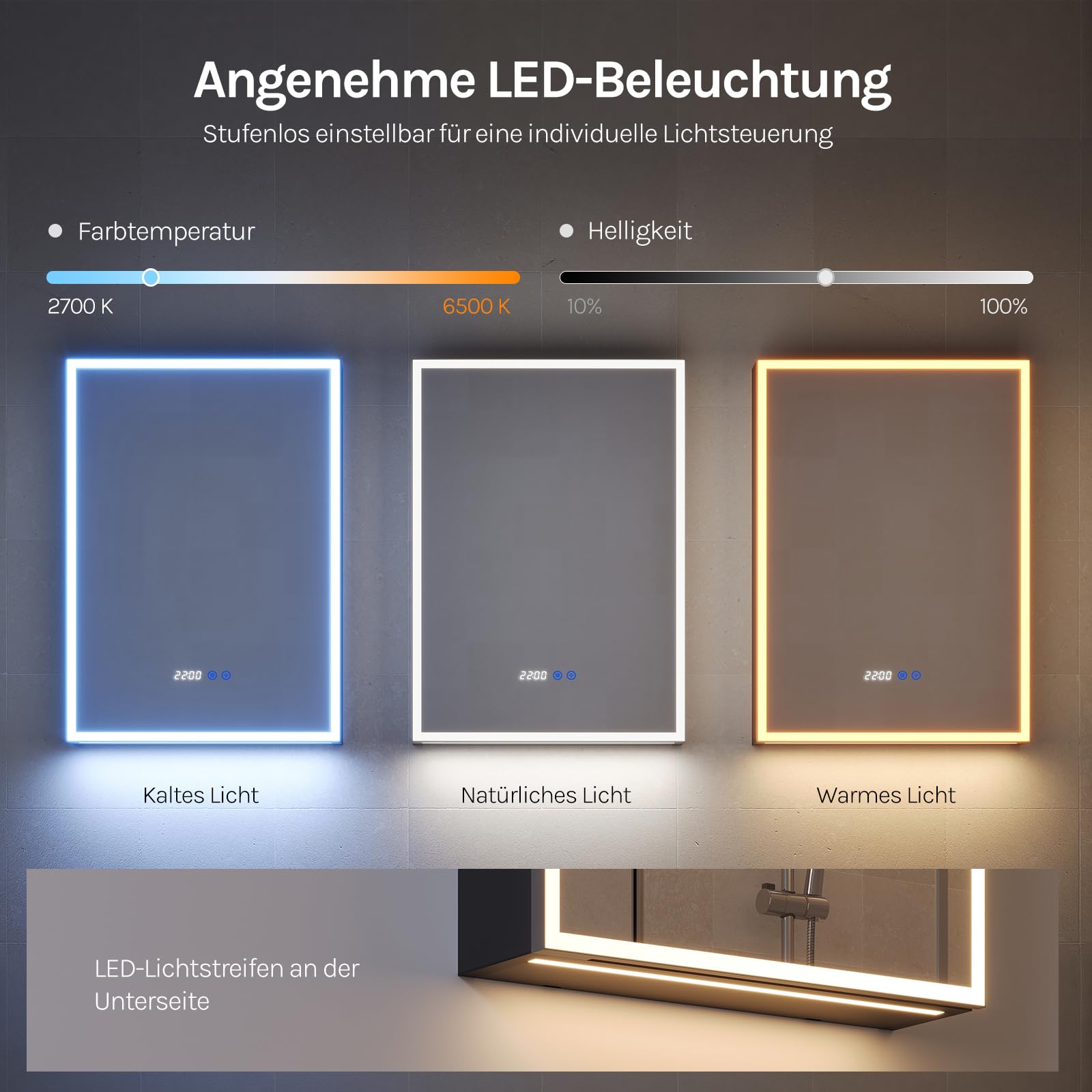 WOLTU Spiegelschrank Bad mit Beleuchtung, Badezimmerschrank hängend mit LED-Beleuchtung, Antibeschlag-Funktion, mit Steckdose und verstellbaren Ablagen, 14,5 x 50 x 70 cm, Schwarz