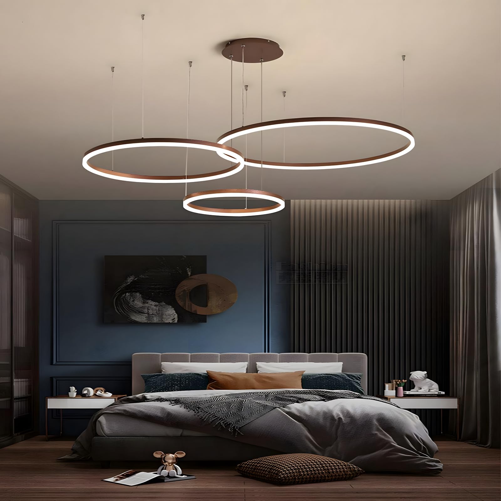 Lustre LED en Métal | 3 Cercles 40+60+80cm | 90W Plafonnier Suspendu Avec Anneaux, Télécommande à Intensité Variable 3000-6000K, Abat-jour en Acrylique Salon Chambre Foyer Salle Manger【Brun】