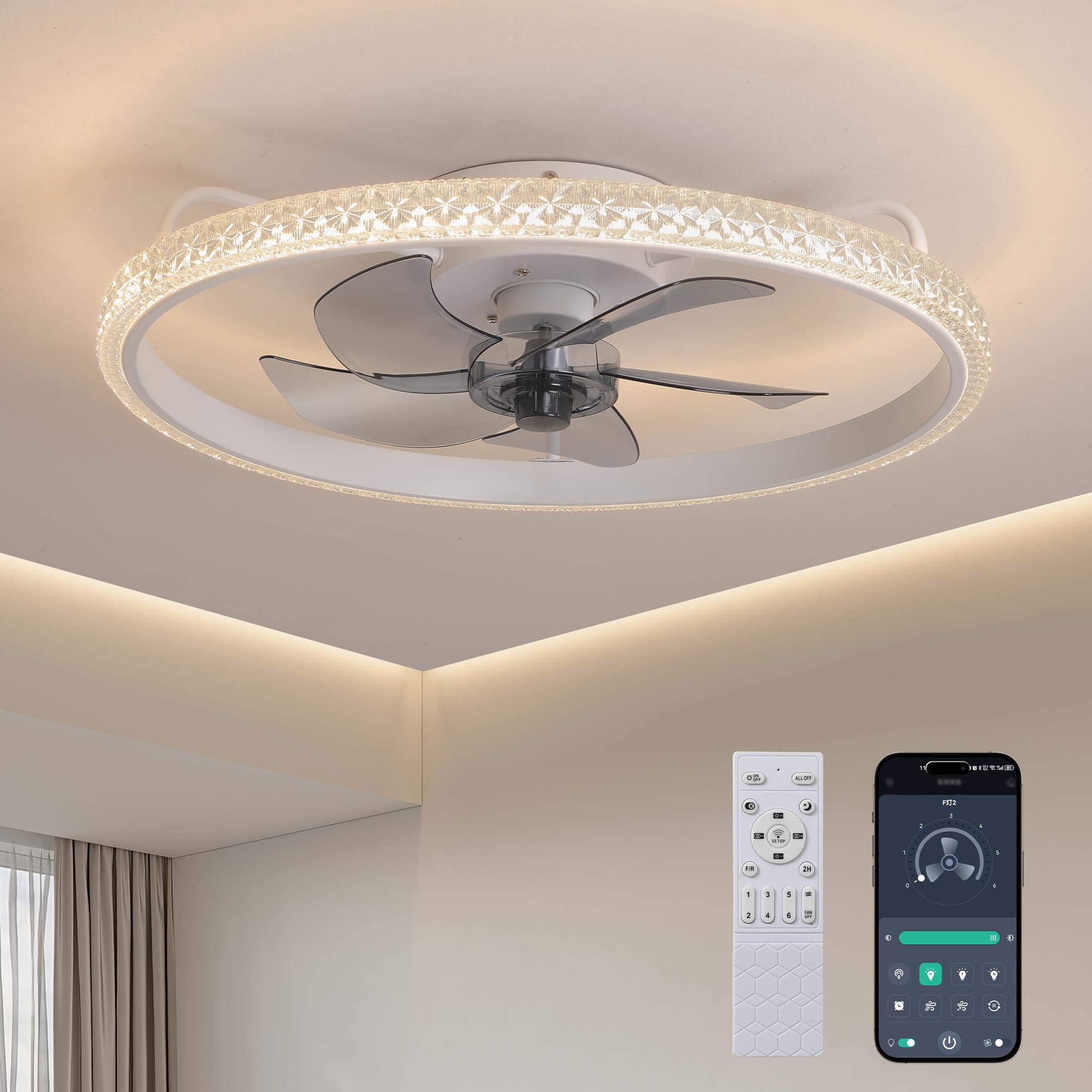 17" small ceiling fans with lights and remote, 2025 upgraded low profile ceiling fan, 3000k-6000k dimmable, 6 wind speeds, flush mount fandelier for bedroom/living room/kids room