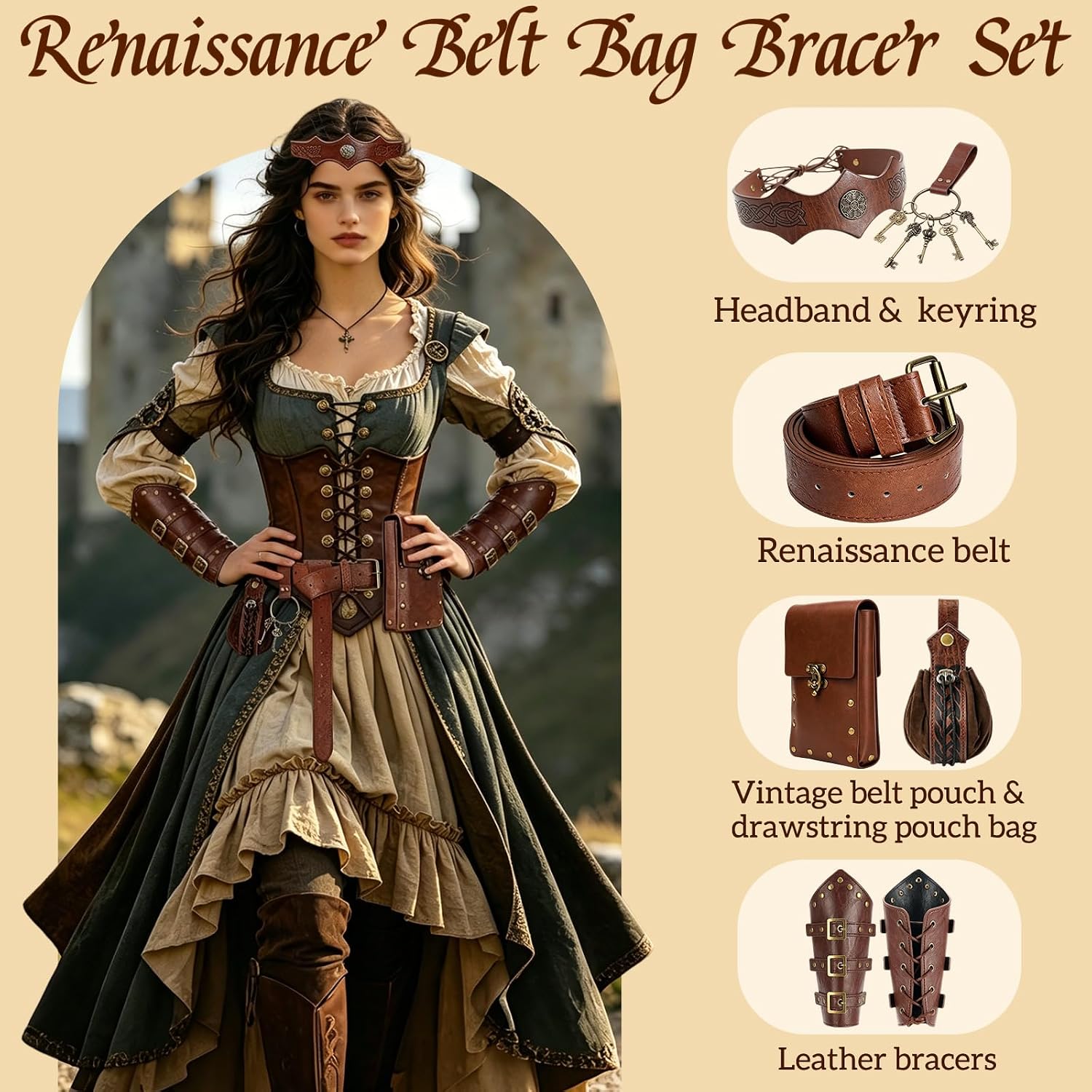 Renaissance Accessories Medieval Viking Belt Vintage Belt Pouch Bracers Headpiece Halloween Cosplay Costume Set