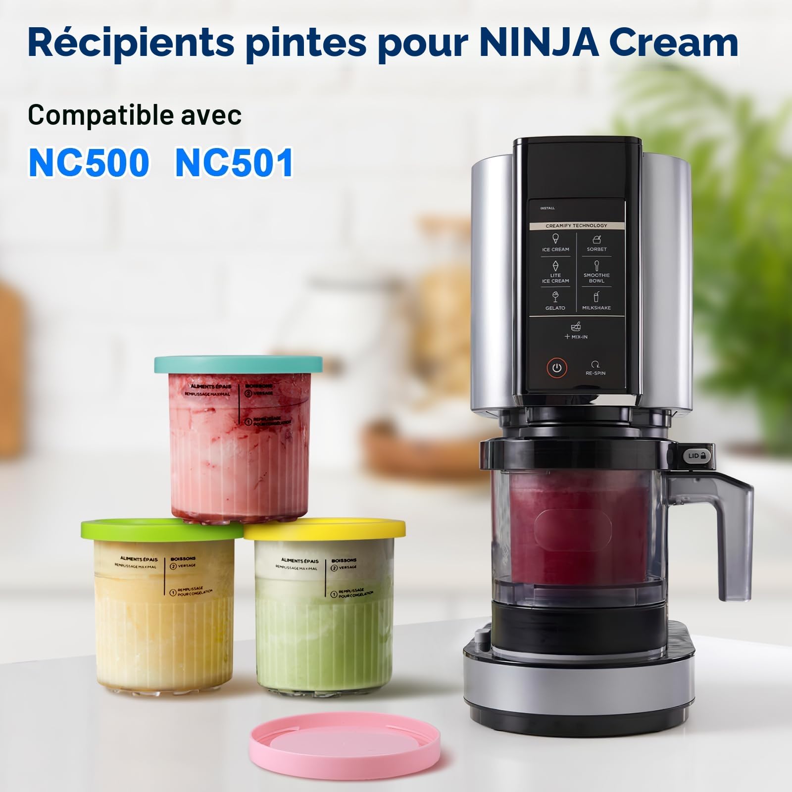 Hejo 4 Pièces Pot pour Ninja Creamy Deluxe, 680 ML Récipient pour Ninja Creami pour NC500 NC501, Bacs À Crème Glacée avec Couvercle Et Cuillère, Accessoires pour Ninjas Ice Creami