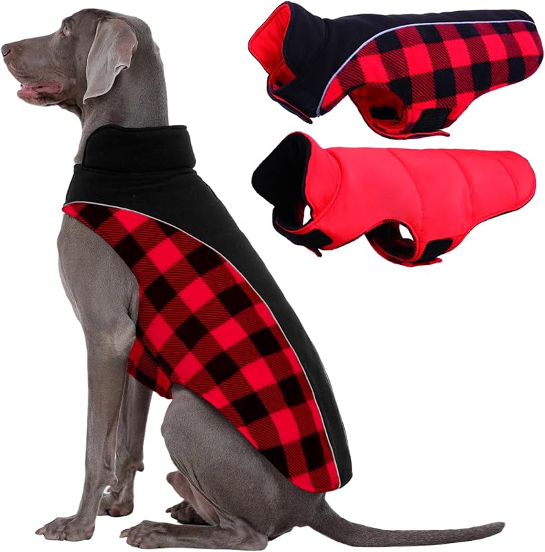 Casaco de Inverno para Cães Kuoser Reversível, Impermeável com Forro Quente e Faixa Refletiva, Vermelho 3XL