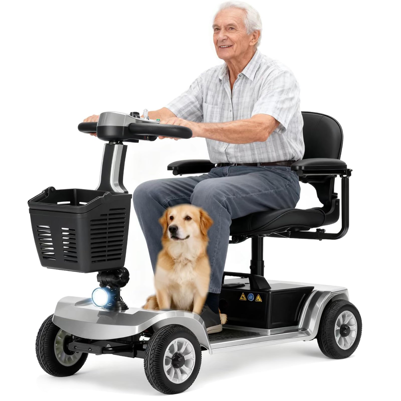 Scooters Eléctricos de Movilidad Vehículo de Movilidad Personal, Ancianos, Batería Extendida de Largo Alcance con Cargador y Cesta (Plateado)