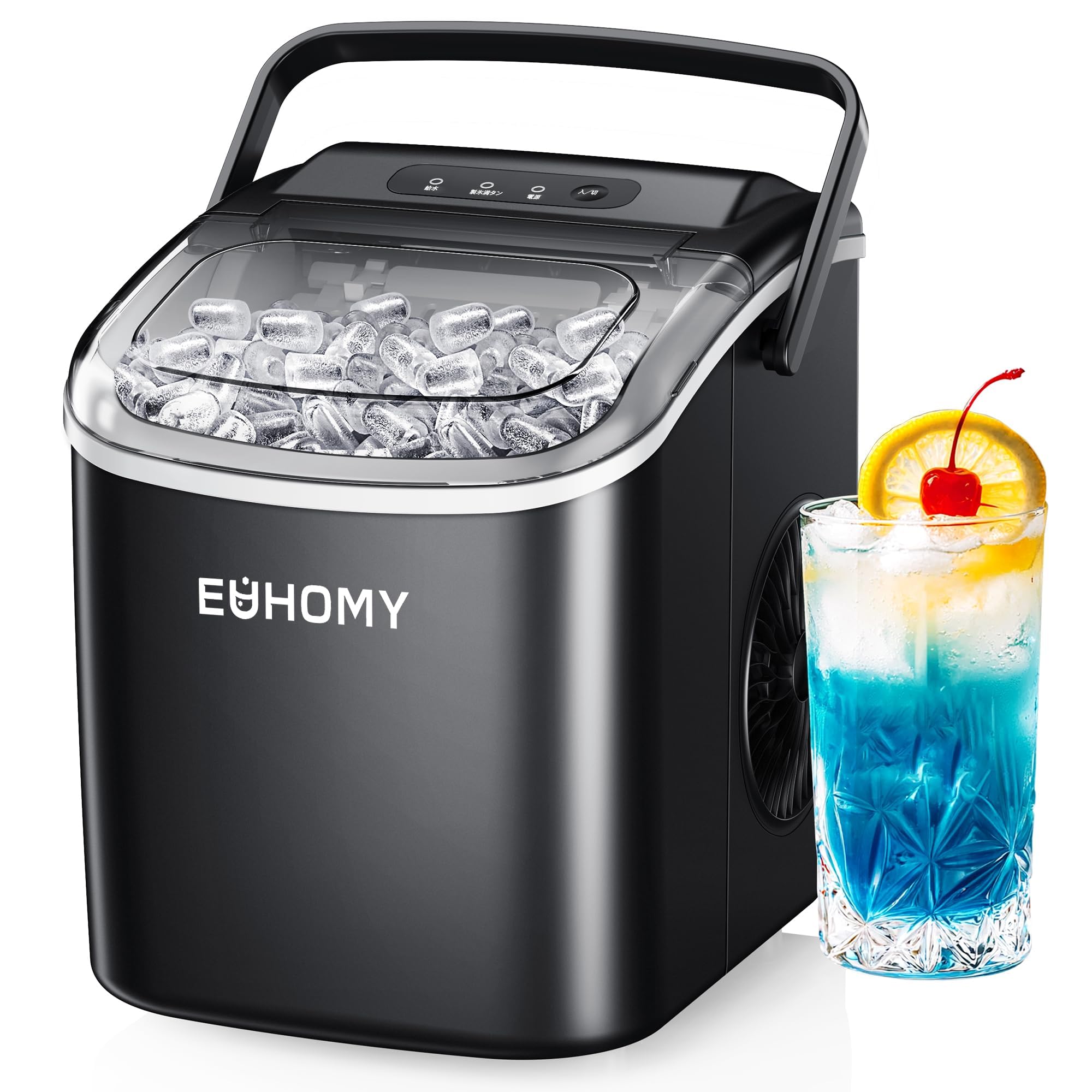 EUHOMY 製氷機 家庭用 【高速製氷 自動洗浄機能 】コンパクト ハンドル付き 日本語パネル 氷バスケット 小型 ミニ製氷機 大容量水タンク 透明窓 取り扱い簡単 軽量 6.2kg 静音 自動停止 ポータブル アイスメーカー ふたり暮らし用 コンパクト 製氷器 氷つくり機 日本語取扱説明書付き ブラック