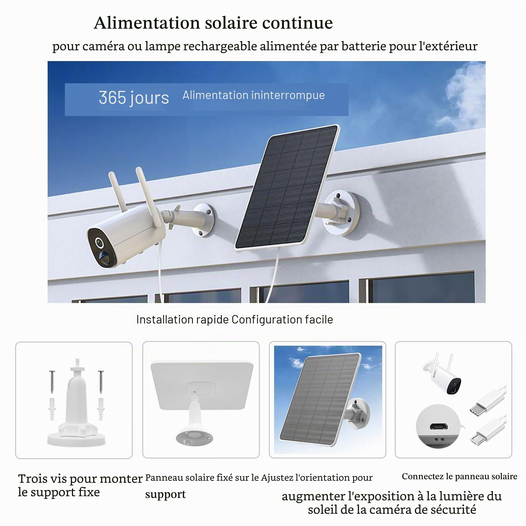 Panneau Solaire usb 6W pour Caméra de Sécurité DC 5V Rechargeable, Sonnette de Porte et Éclairage Extérieur avec Port USB-C, IP65, Câble de 3m (2 Pack)