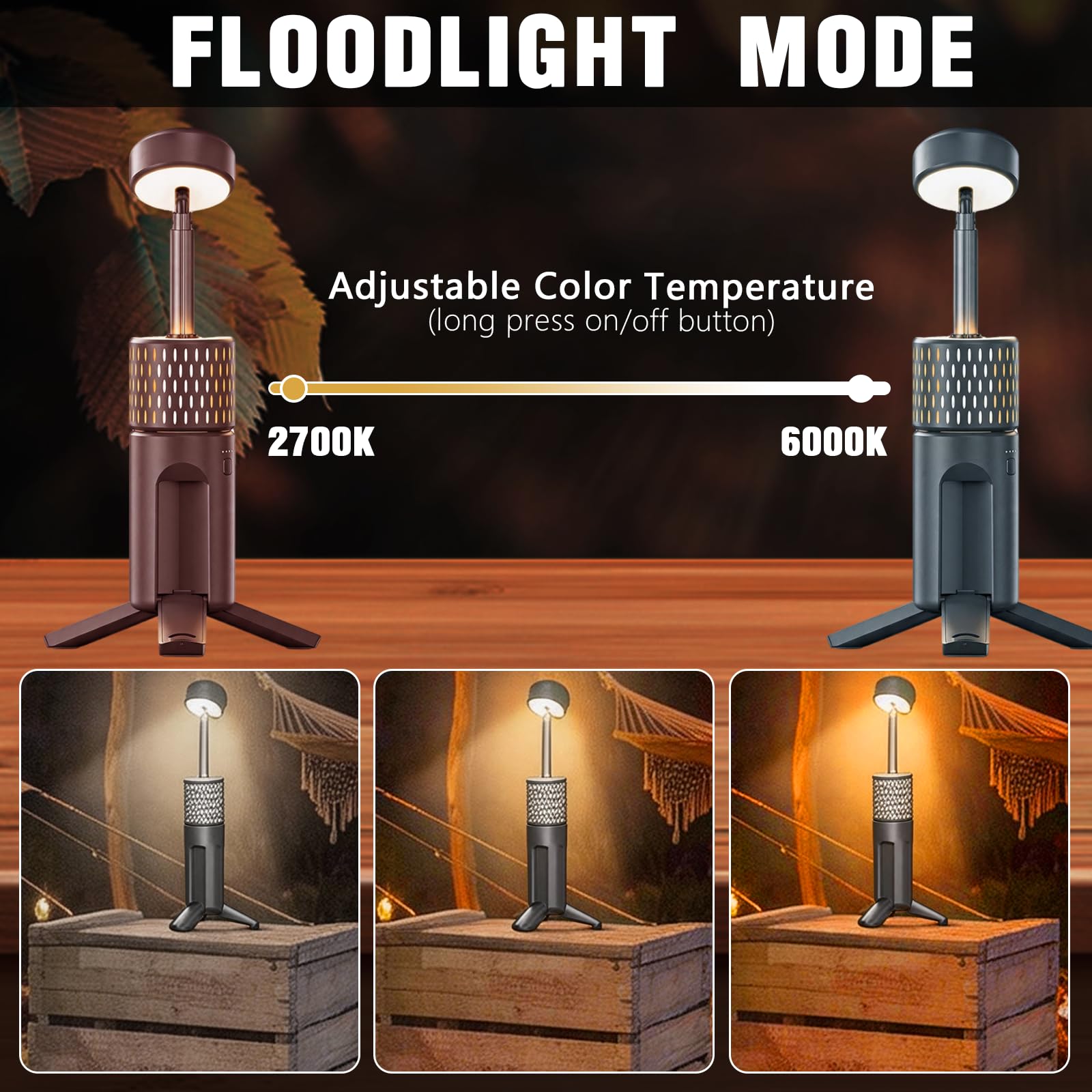 BRGD Linterna de Camping Telescópica Recargable, 5400mAh Trípode LED Multifunción con Bolsa de Almacenamiento para Camping, Pesca y Senderismo, Impermeable IPX54