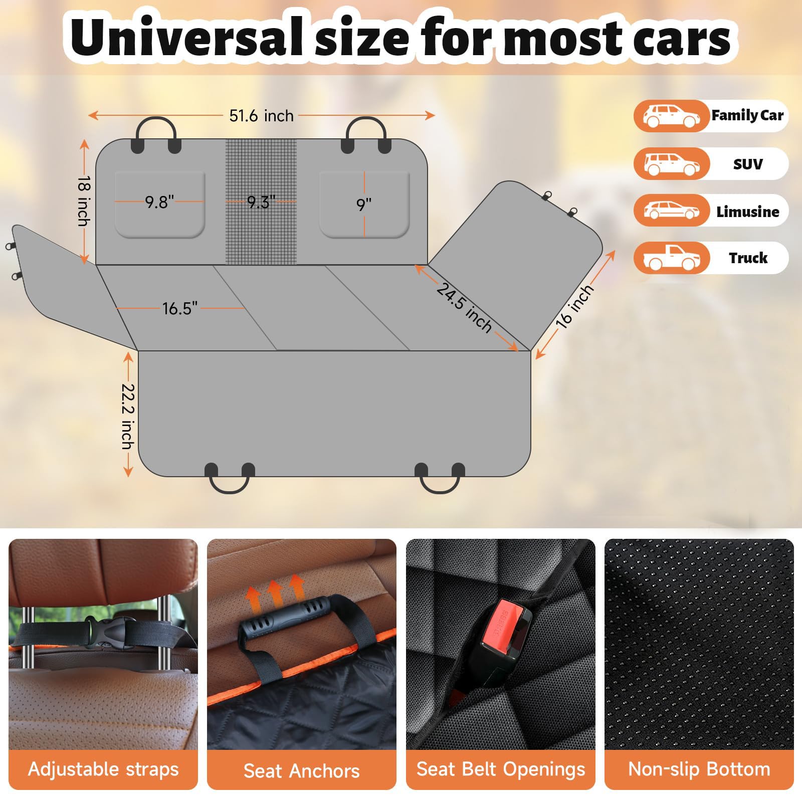 Coprisedile Auto Con Fondo Rigido Per Cani,Dog Car Seat Cover,Estensione Del Sedile Posteriore Per Cani,Coprisedile Auto Per Cani Telo Posteriore Auto Per Animali Domestici Per Auto, Camion, SUV