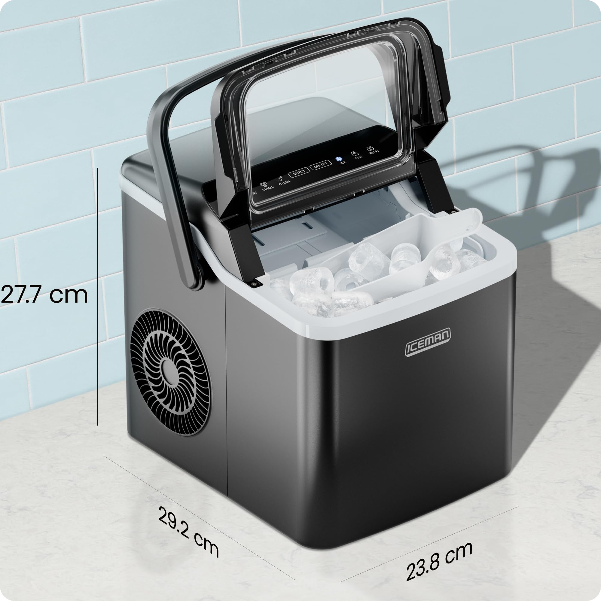 Chefman Iceman - Máquina para hacer cubitos de hielo (10 kg/24 h, 9 dados en 7 min, tamaño dual) | Portátil, autolimpieza, cubos grandes y pequeños, incluye pala de hielo