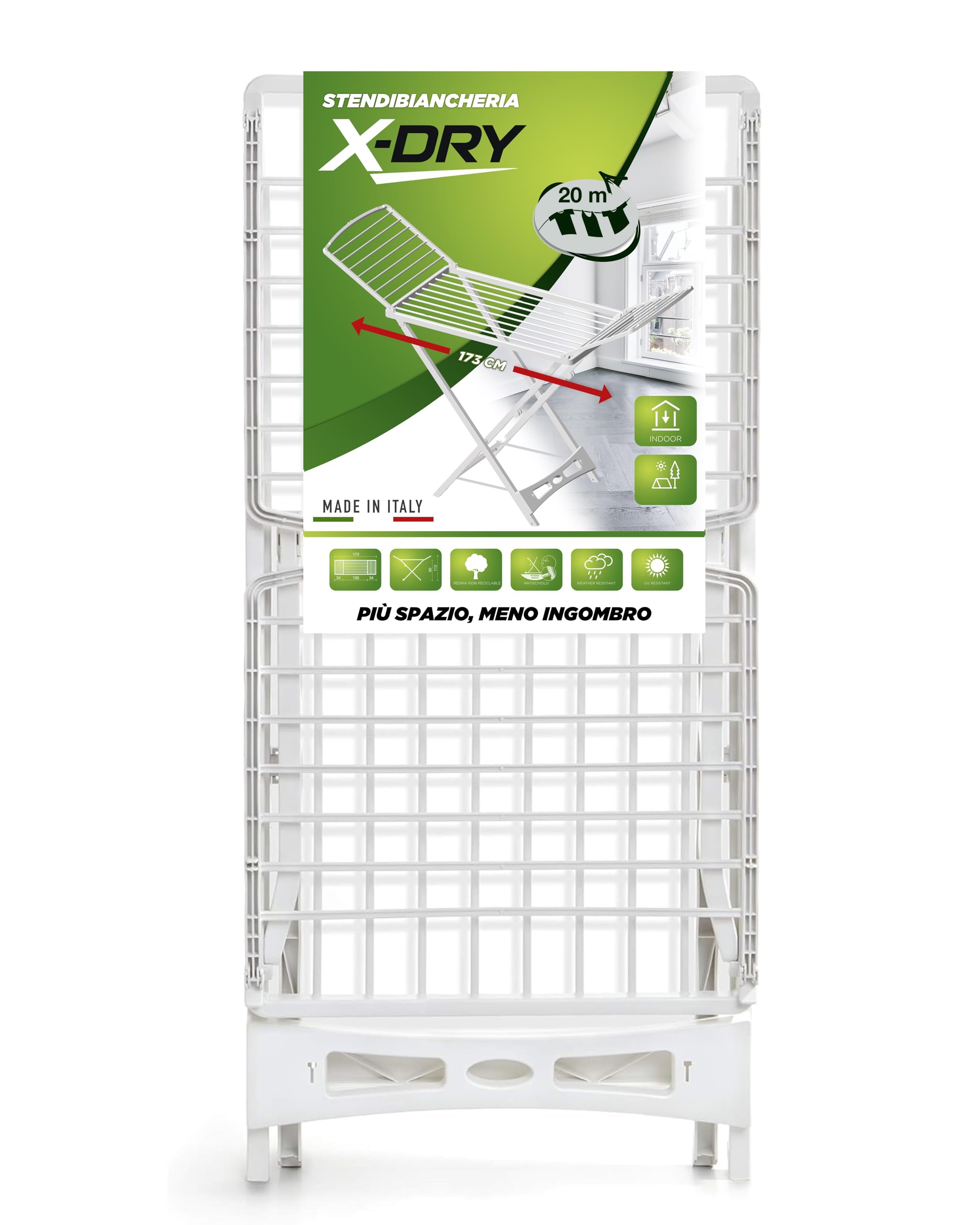 X-DRY Stendibiancheria da Pavimento, Stendino a Cavalletto, da Esterno e Interno, Richiudibile, Spazio di Stenditura 20 mt, in Resina 100%, 173 x 55 x 130h cm, Made in Italy.