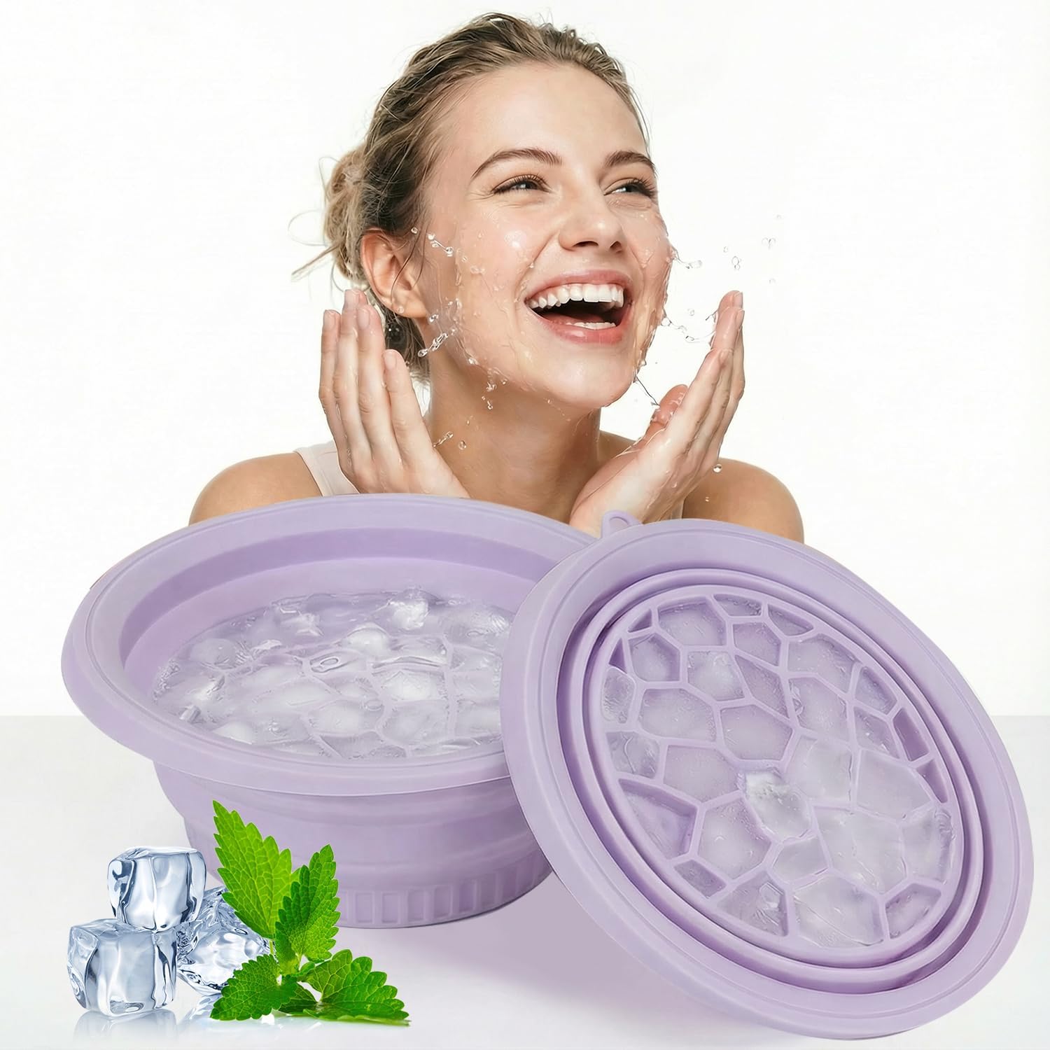 Bikxlor Foldable Face Ice Bath Bowl with Ice Grid - Cold Plunge Therapy Basin, Light Purple Silicone Facial Washbowl