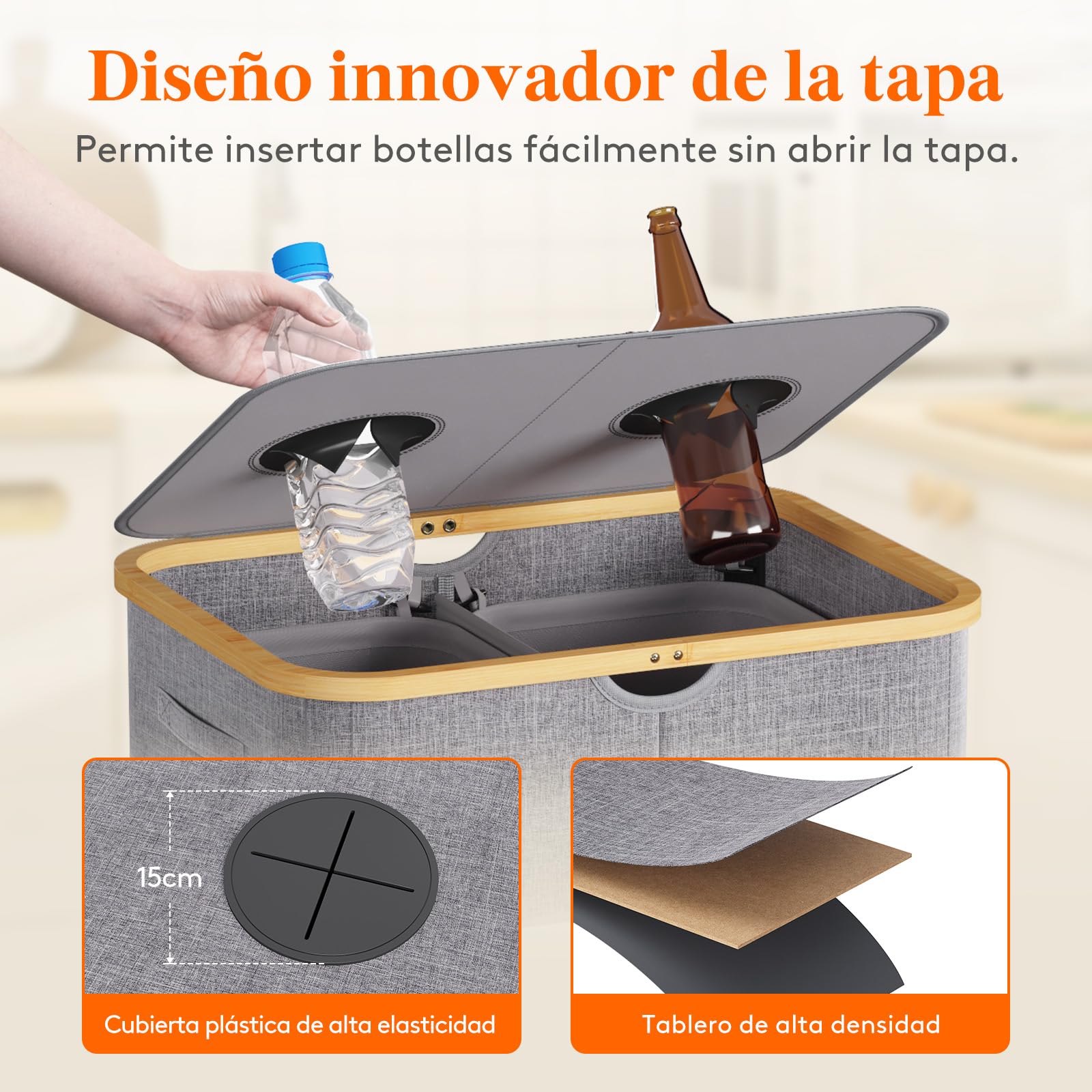 Lifewit Recolector Botellas con Tapa, 2 Compartimentos Contenedor de Clasificación Selectiva para Botellas de Plástico y Vidrio, Contenedor Reciclaje, Almacenamiento Cocina, Gris Claro 150 L