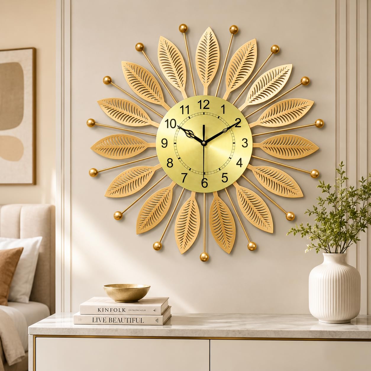 RIOH Decor Gold Metal Wall Clock 60 CM for Living Room | Luxury Designer Leaf Wall Clock with Golden Dial | Silent Non-Ticking Decorative Clock for Home, Bedroom, Office & Hall (Gold)-image-42