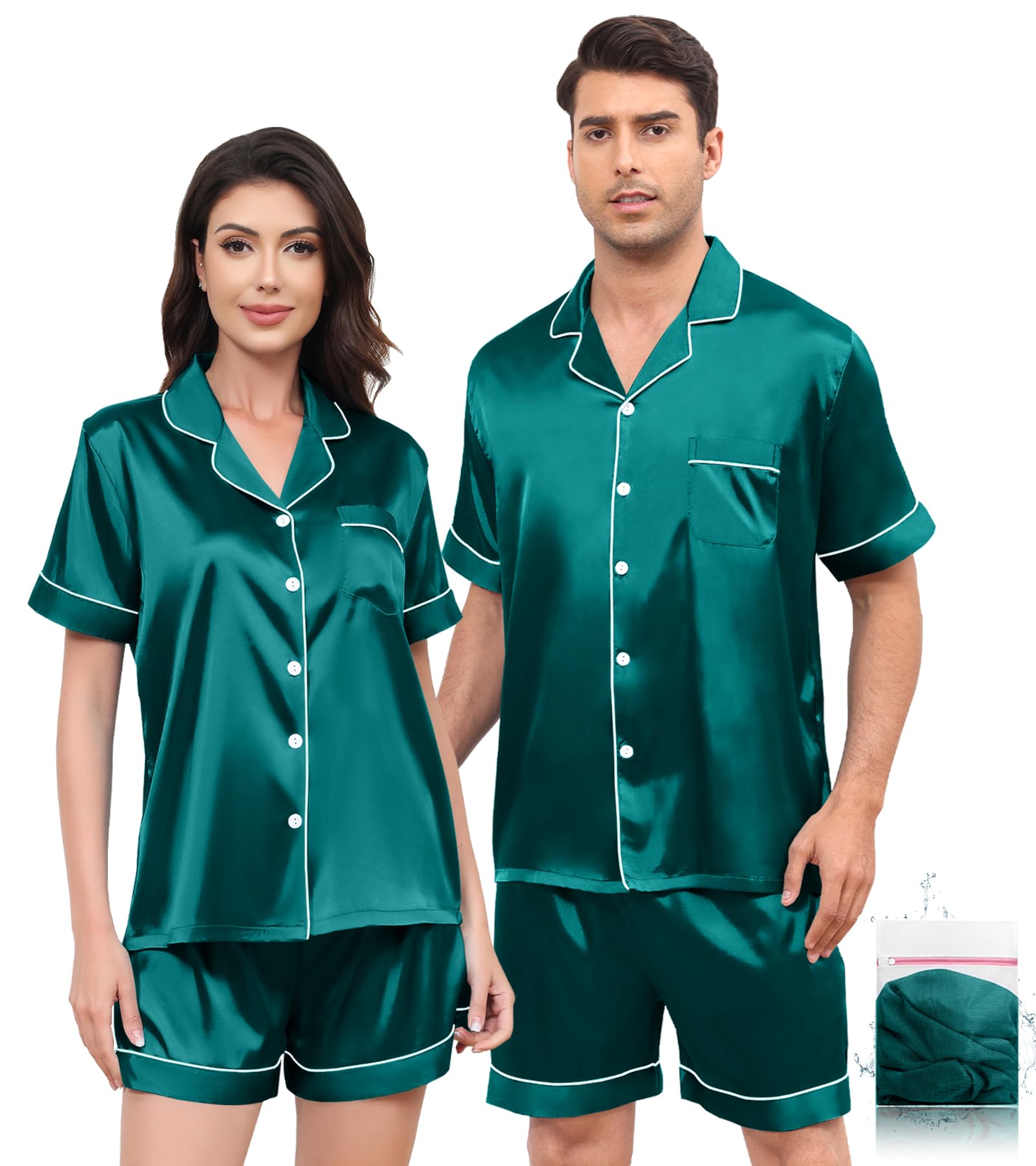 Silk Matching Pajamas Set for Couples Women Men Stain Short Sleeve Sleepwear Button Down 2 Pcs Pjs Sets S-3XL