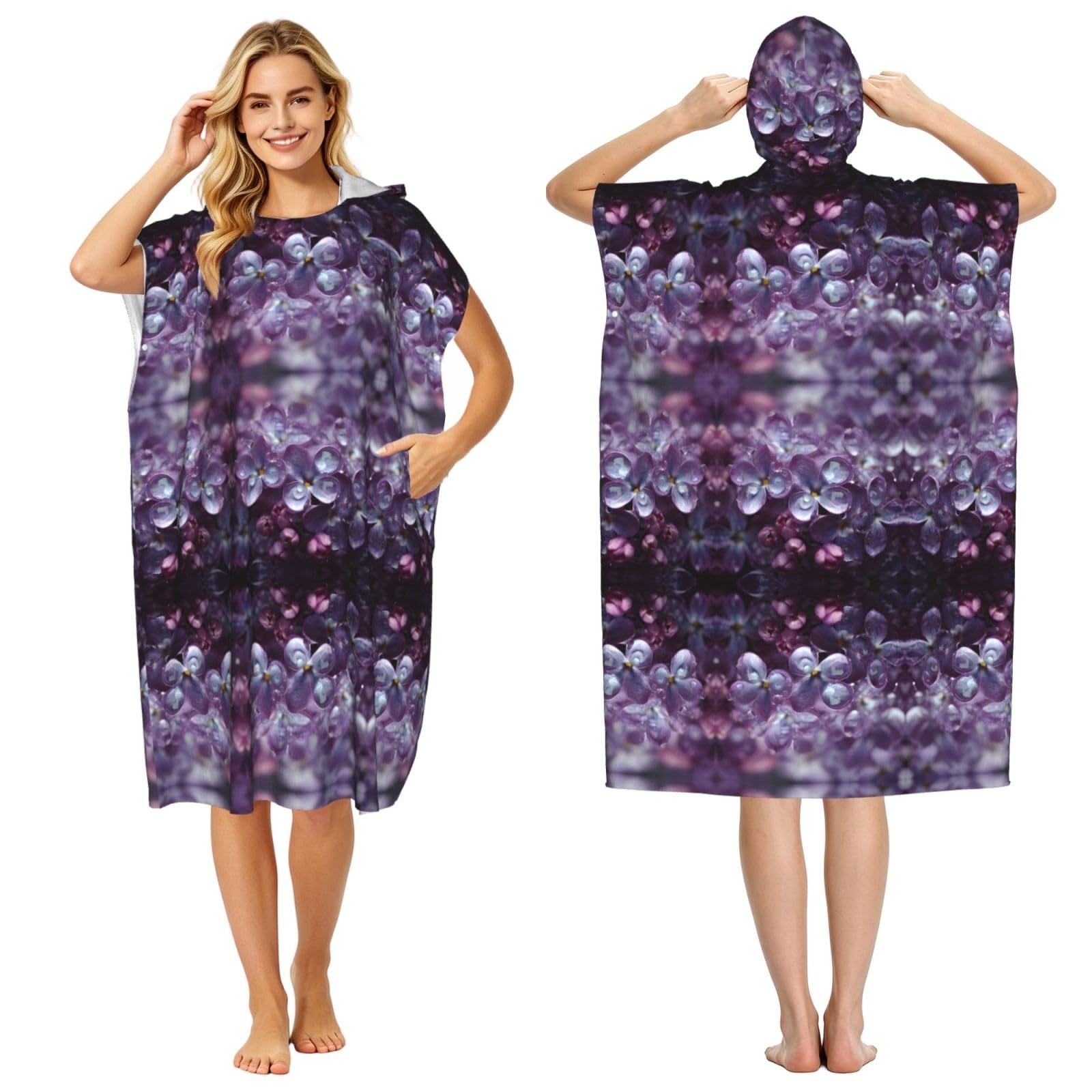 EZDLOWVBA Rain-Wet Lilac Print Hooded Poncho Microfiber Beach Towel,Adult Women & Men Changing Robe,Lightweight Summer Surf Swim Bath Poncho Towel