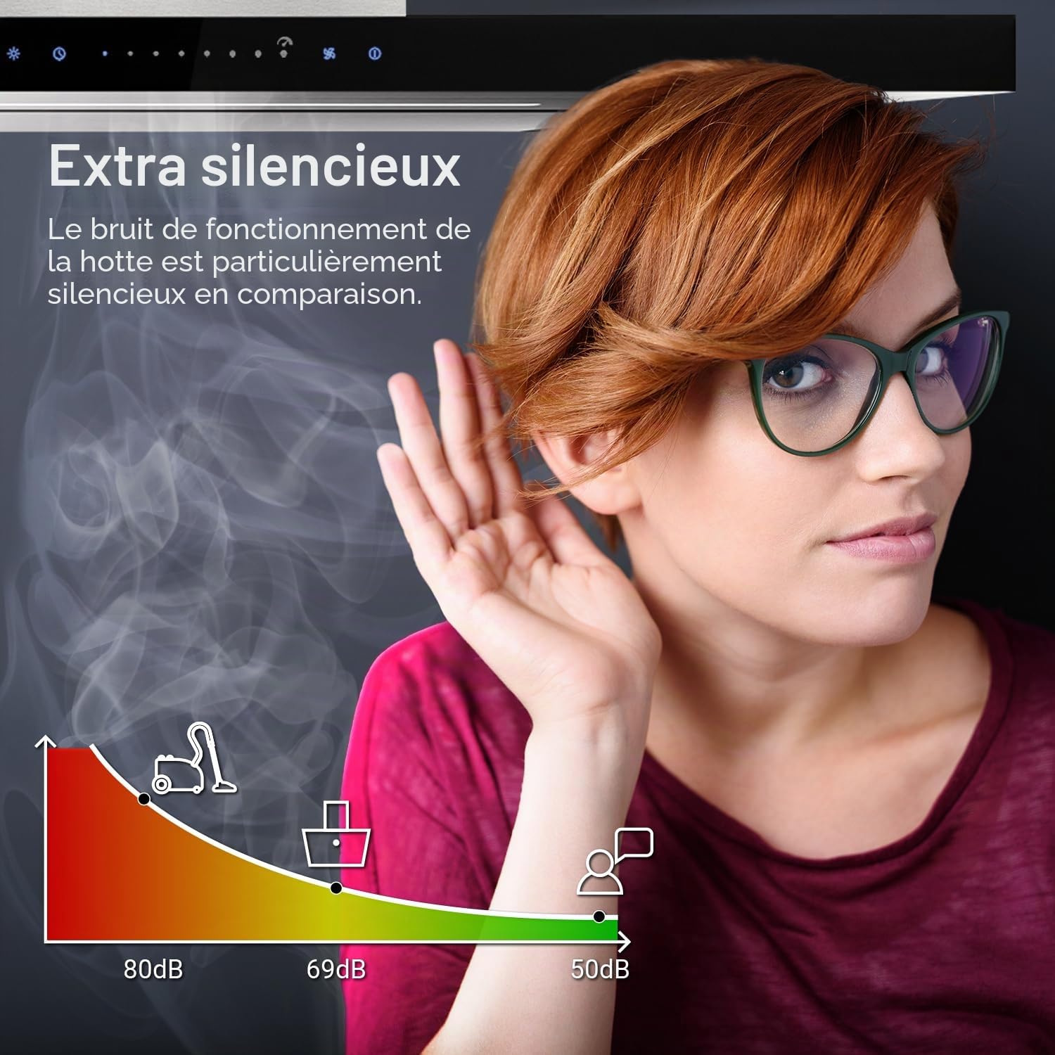 Hotte aspirante cuisine 90 cm | Hotte Murale | acier inoxydable | verre noir | WiFi | arrête automatiquement | Opération tactile | FLAT9006ED