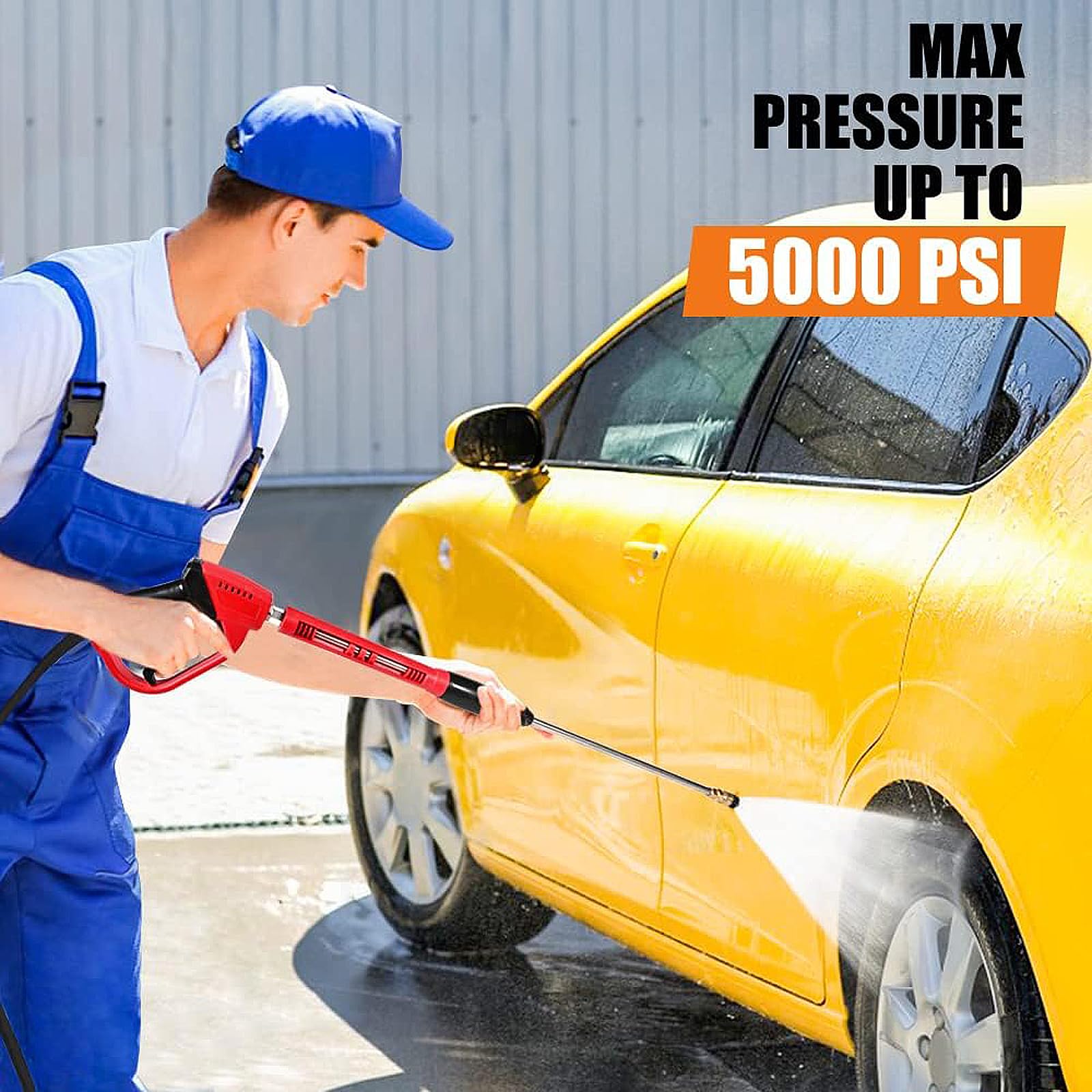 Pistolet de Nettoyage Haute Pression 5000 PSI, Lance Nettoyeur avec Rallonge de Rechange, 5 Embouts de Buse, Connexion Rapide 1/4", Raccord M22 14mm pour Lavage Voiture