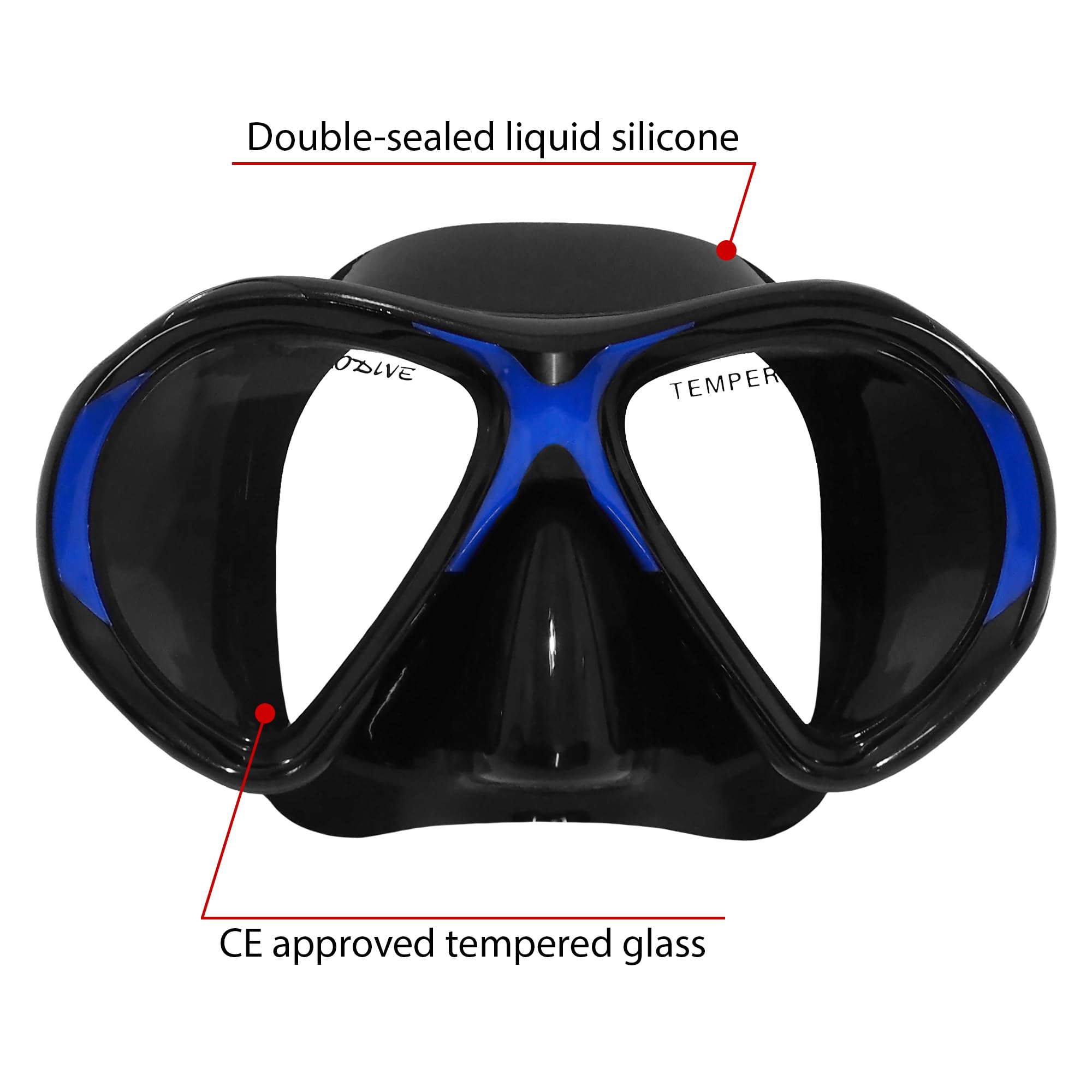 SAEKODIVE Archer Diving Mask - Anti-Fog Tempered Glass, Anti-Leak Silicone Skirt - Scuba Diving and Snorkeling Gear for Adults (Clear/Blue)