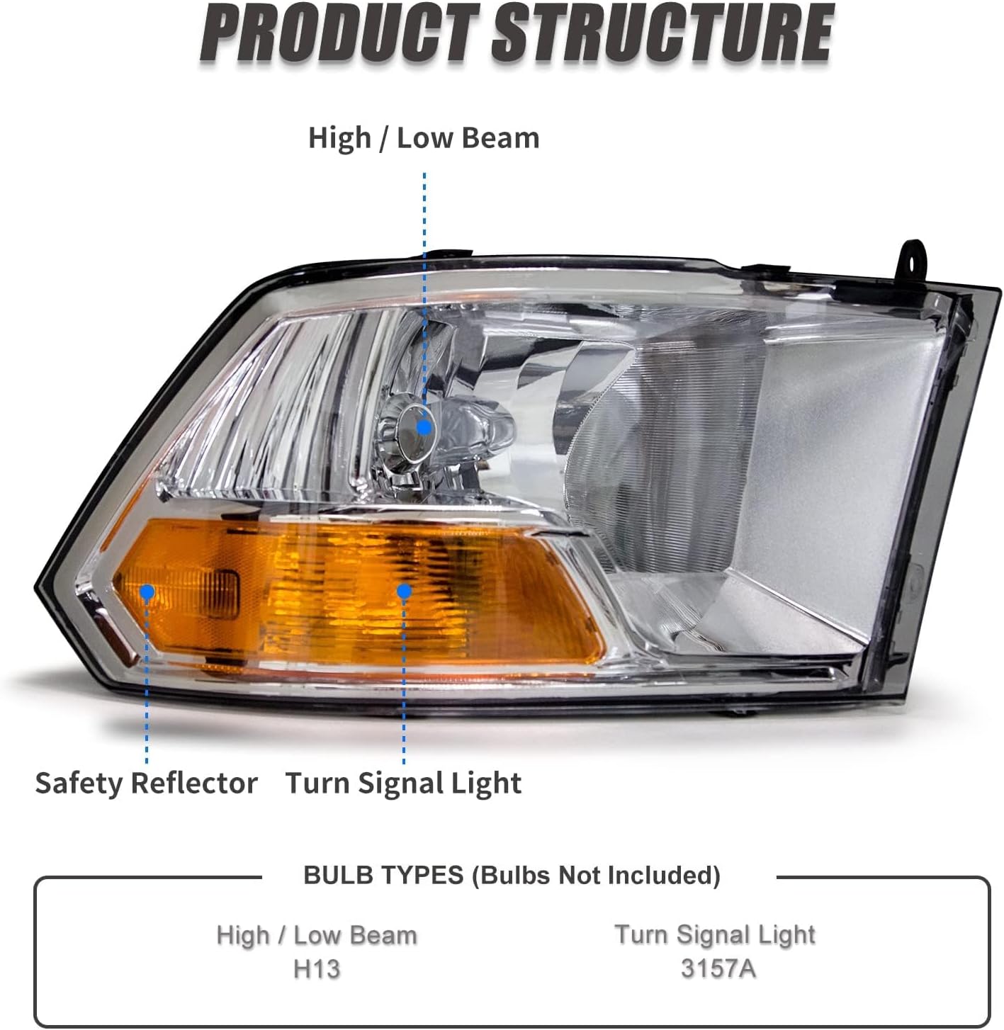 Headlight Assembly for 2009-2012 Dodge Ram 1500 2500 3500 Pickup Single Beam Chrome Housing Amber Reflector Left Right Not Fit Quad Models W/O Bulbs