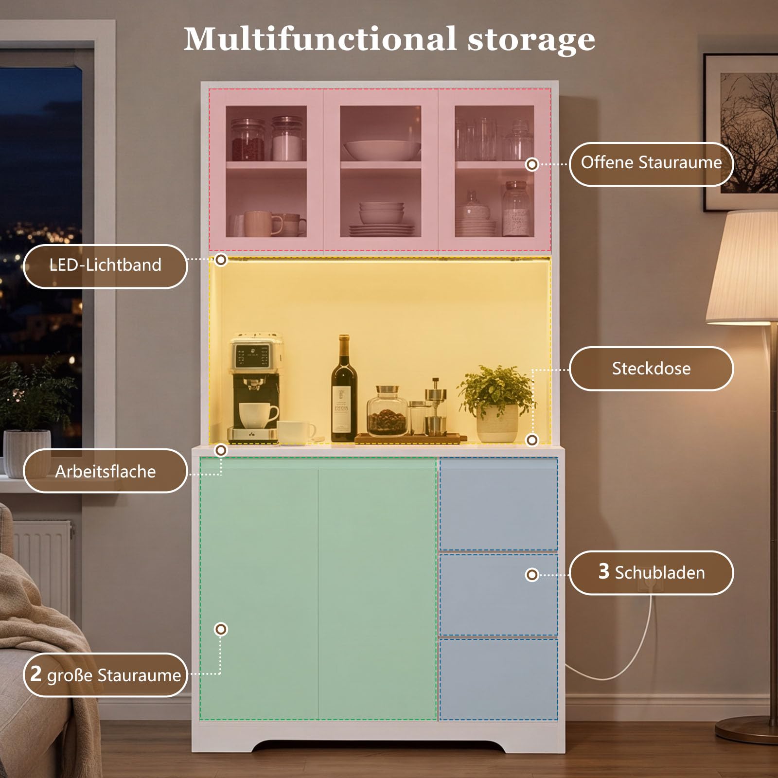 Küchenschrank mit LED & Steckdosenleiste, hoher Buffetschrank, Sideboard für Küche, verstellbaren Einlegeböden, 3 Schubladen, 5 Türen, großer Arbeitsplatte 100 x 38,5 x 180 cm, Weiß