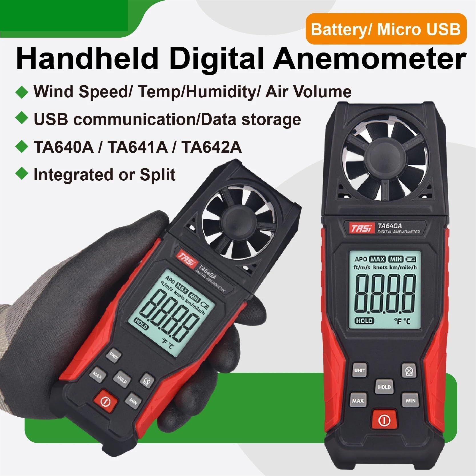 Anemómetro Digital 1pcsTA642A, medidor de Velocidad del Viento, medidor de Velocidad del Flujo de Aire, Herramienta de medición de Volumen CFM(TA640A)