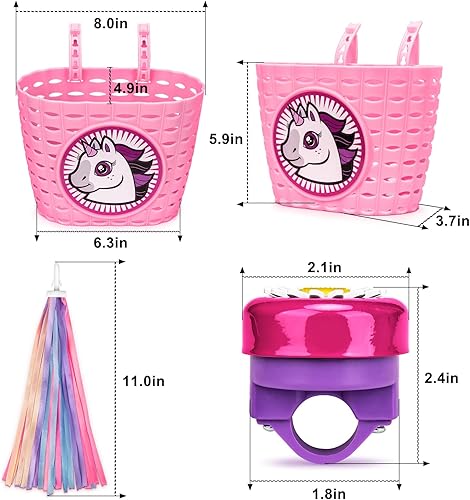 Miniatura 3 de Cesta de bicicleta para niñas, cesta de bicicleta para manillar con pulsera de unicornio, campana, serpentinas, calcomanías, gafas de sol para