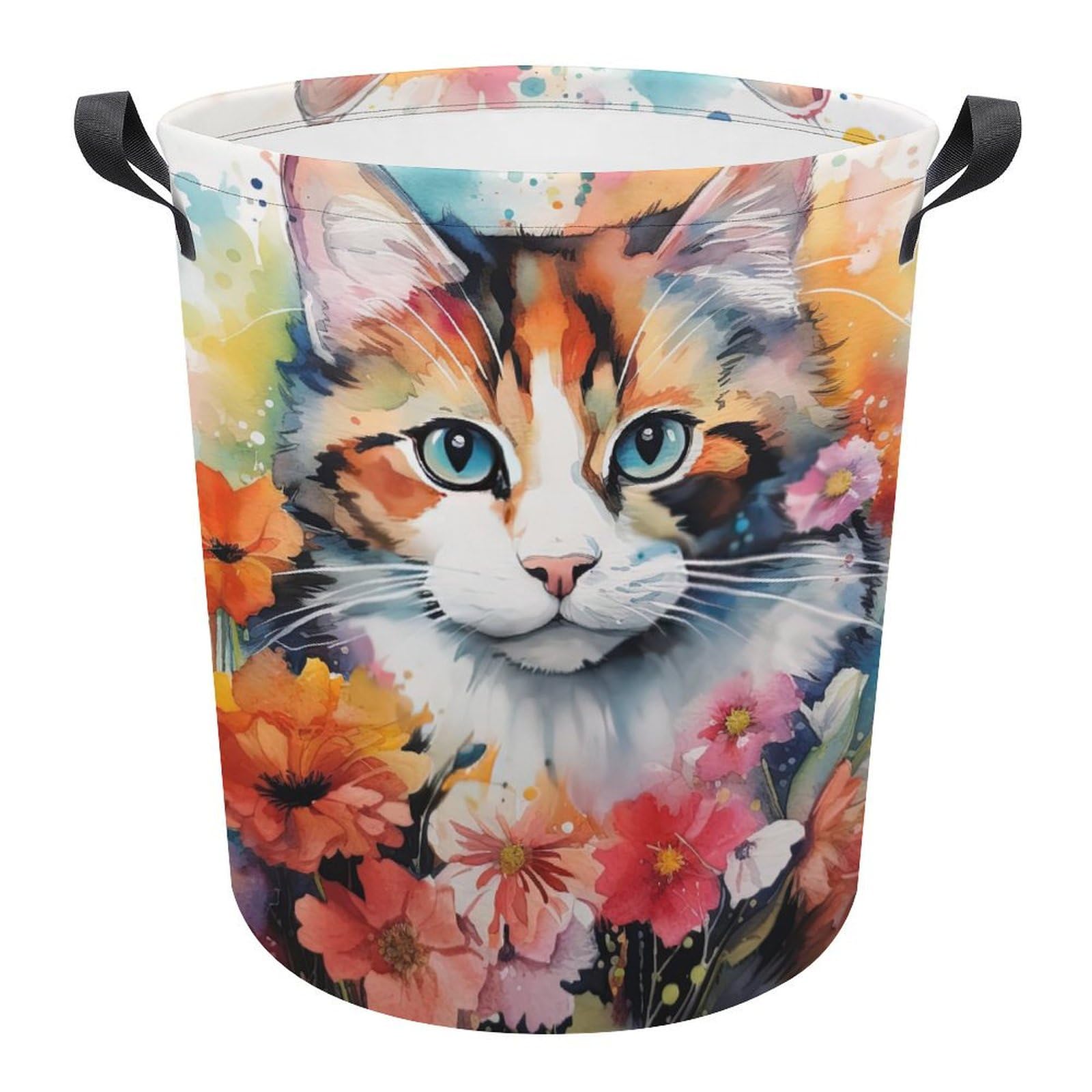 Ronda Cestos Para La Colada Gato, Animal Ronda Cesta De Lavadero Duradero Cesta Ropa Sucia Impermeable Cubo Ropa Sucia Para Baño Dormitorio Habitacion 34X42CM