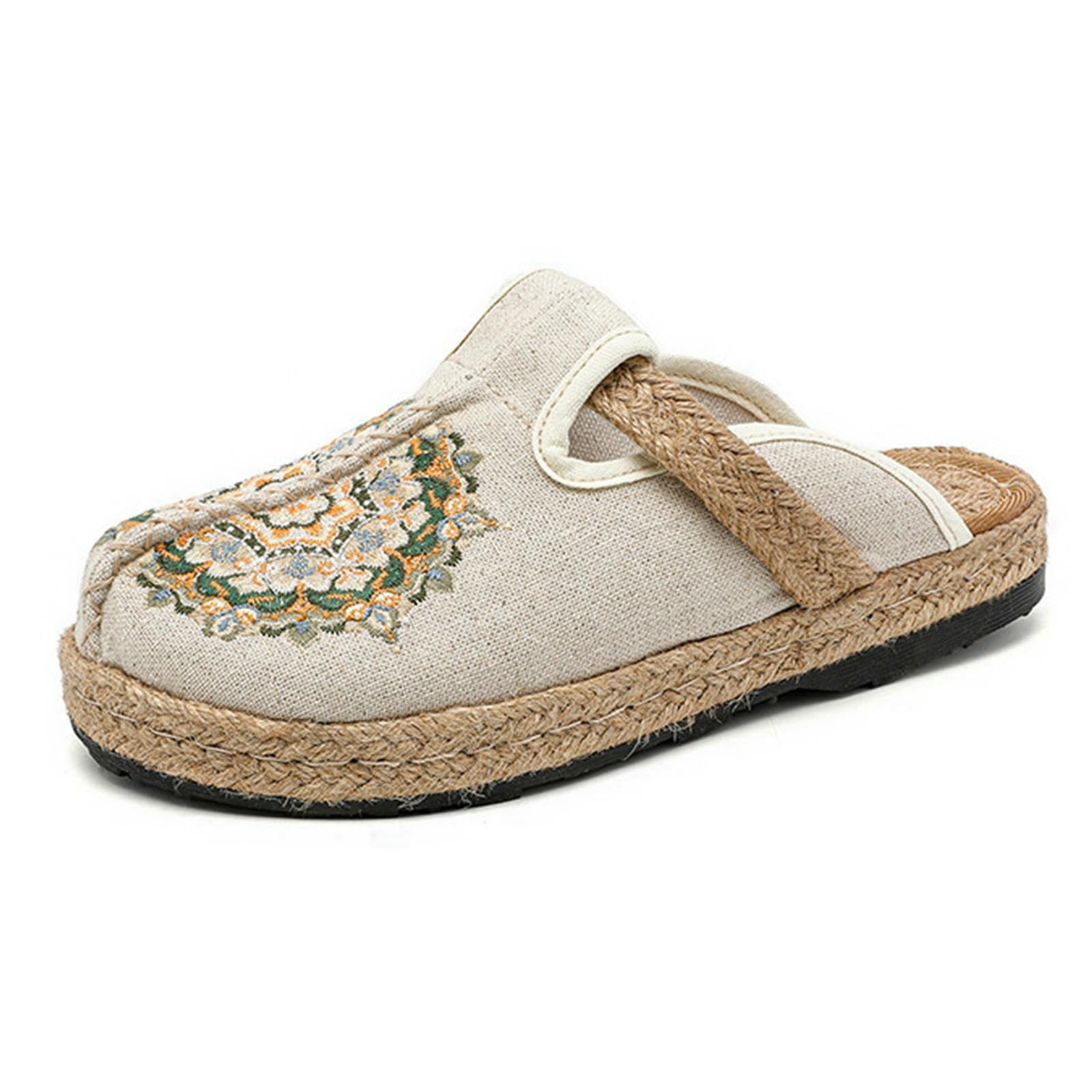 Ciabatte Donna Pantofole da Ricamate in Biancheria - Scarpe Panno Stile Etnico Piatto, Comodo Scivolo Antiscivolo per Primavera E Estate-beige-39ue