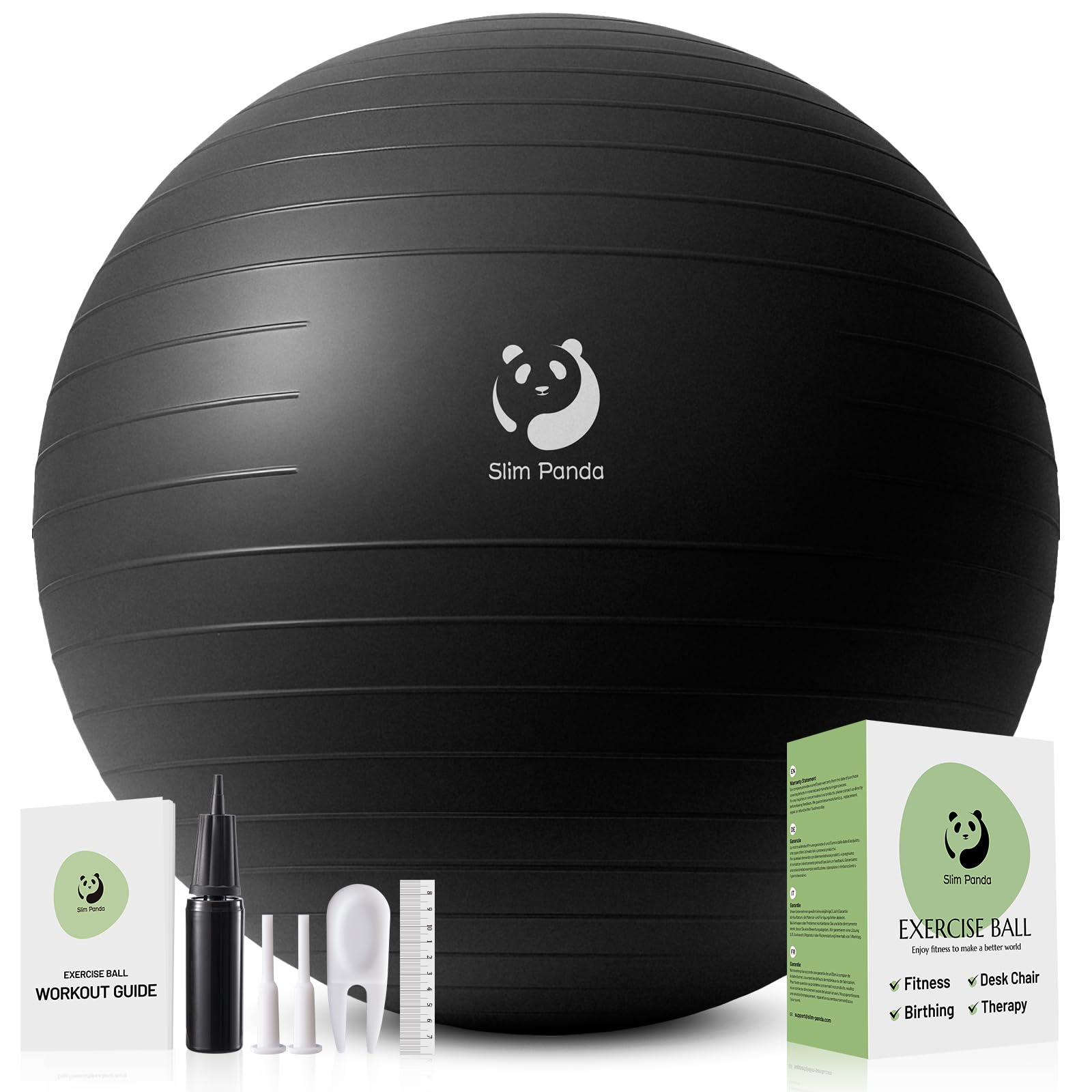 Slim Panda Anti-Burst Exercise Ball, Heavy Duty Yoga Ball for Stability, Fitness & Birthing - Non-Slip Stability Ball for Physical Therapy, Office Chair & Gym-Supports 2,000 lbs, Includes Quick Pump