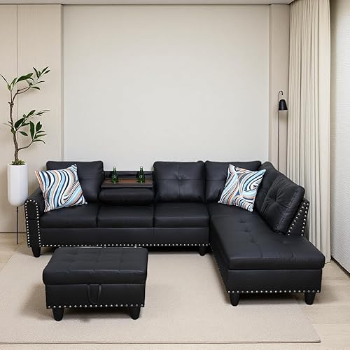 Sectional Couches for Living Room Furniture Sets, 4 Seat Modular Sectional Sofas for Living Room Set with Removable Ottoman, L Shaped Couch Set with 2 Armrest for Apartment, Black