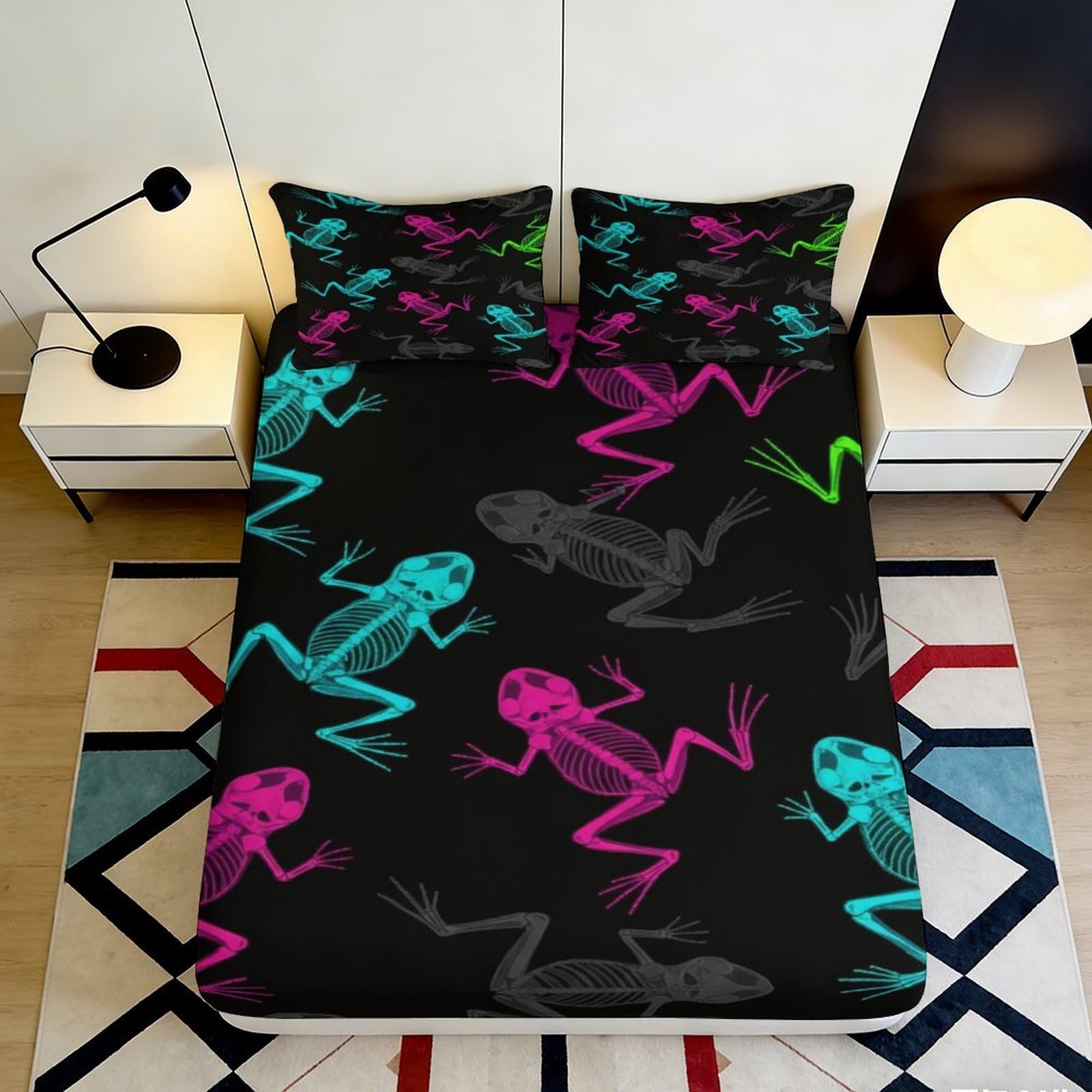 3D Printed Neon Frog Fitted Sheet Microfiber Soft Bed Cover for Bedroom Dorm Mattress Protection Decor 90x200x25cm
