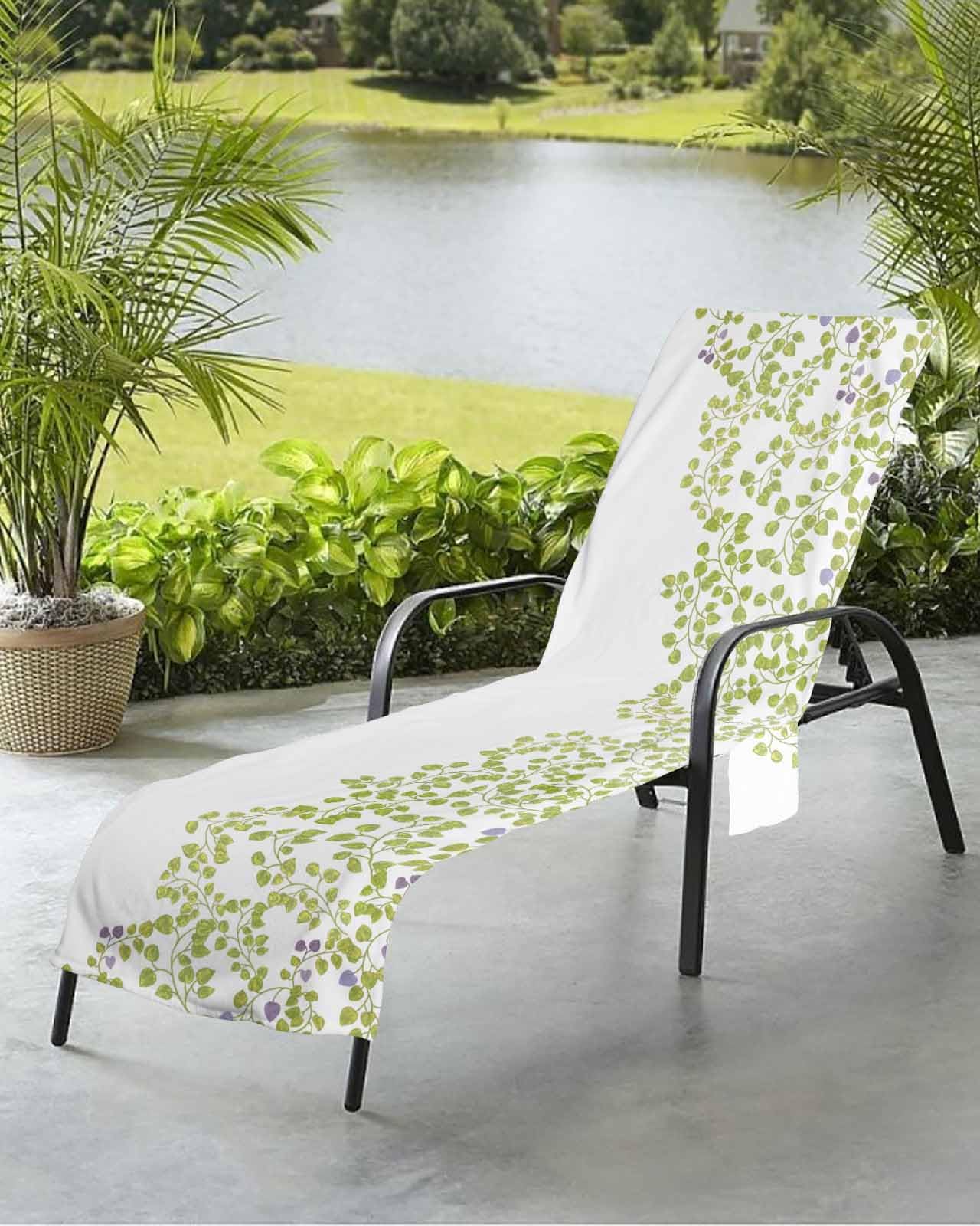 Green Leaves Beach Chair Towel Covers for Chaise Lounge With Side Pocket, Soft Plush Pool Towels Cover for Patio Sunbathing Outdoor 29''x85'' Botanical Plant Spring Summer White
