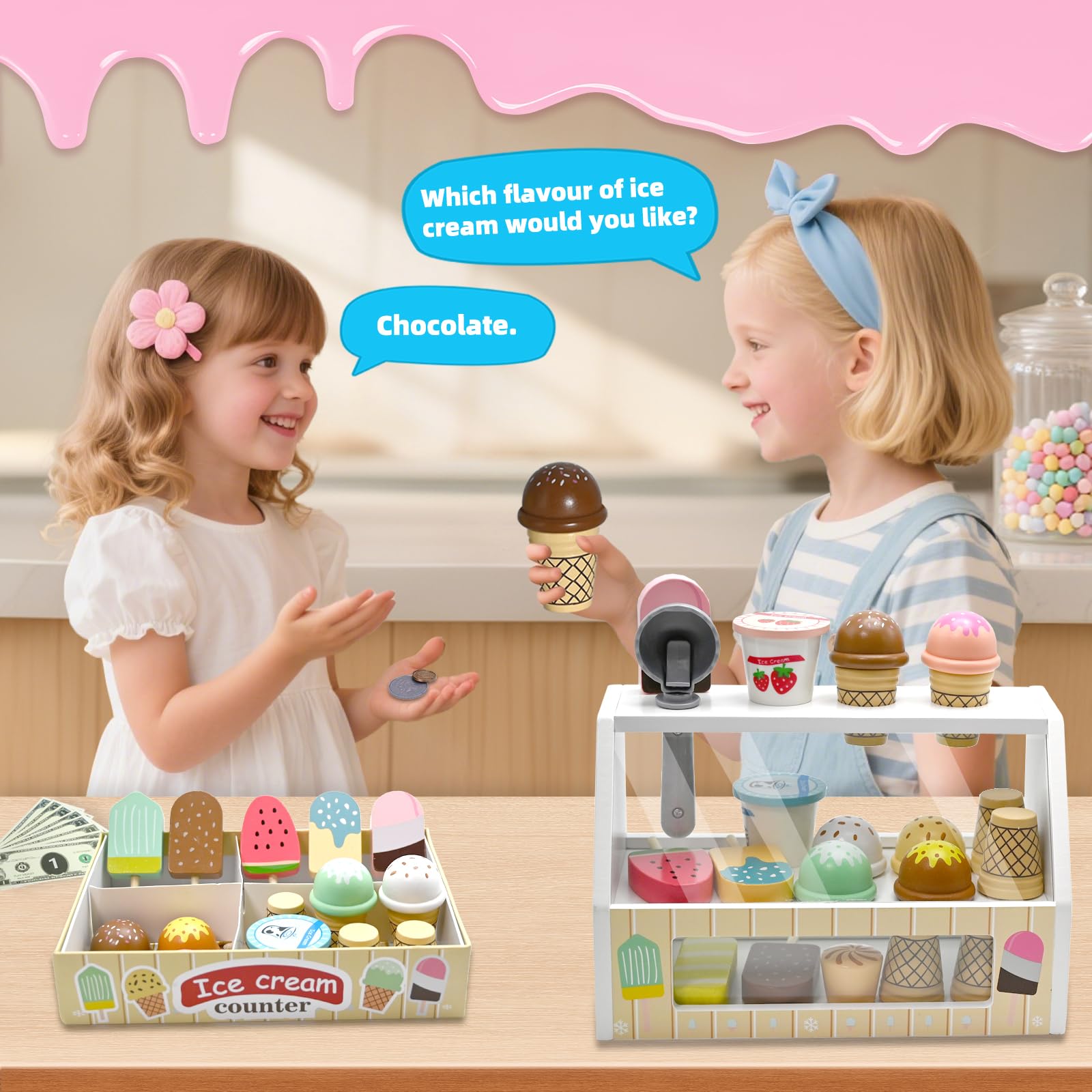 Stand De Glace En Bois HERSITY – Jeu De Dinette Avec Cônes, Sucettes, Set De Cuisine – Cadeau Enfant 3-5 Ans