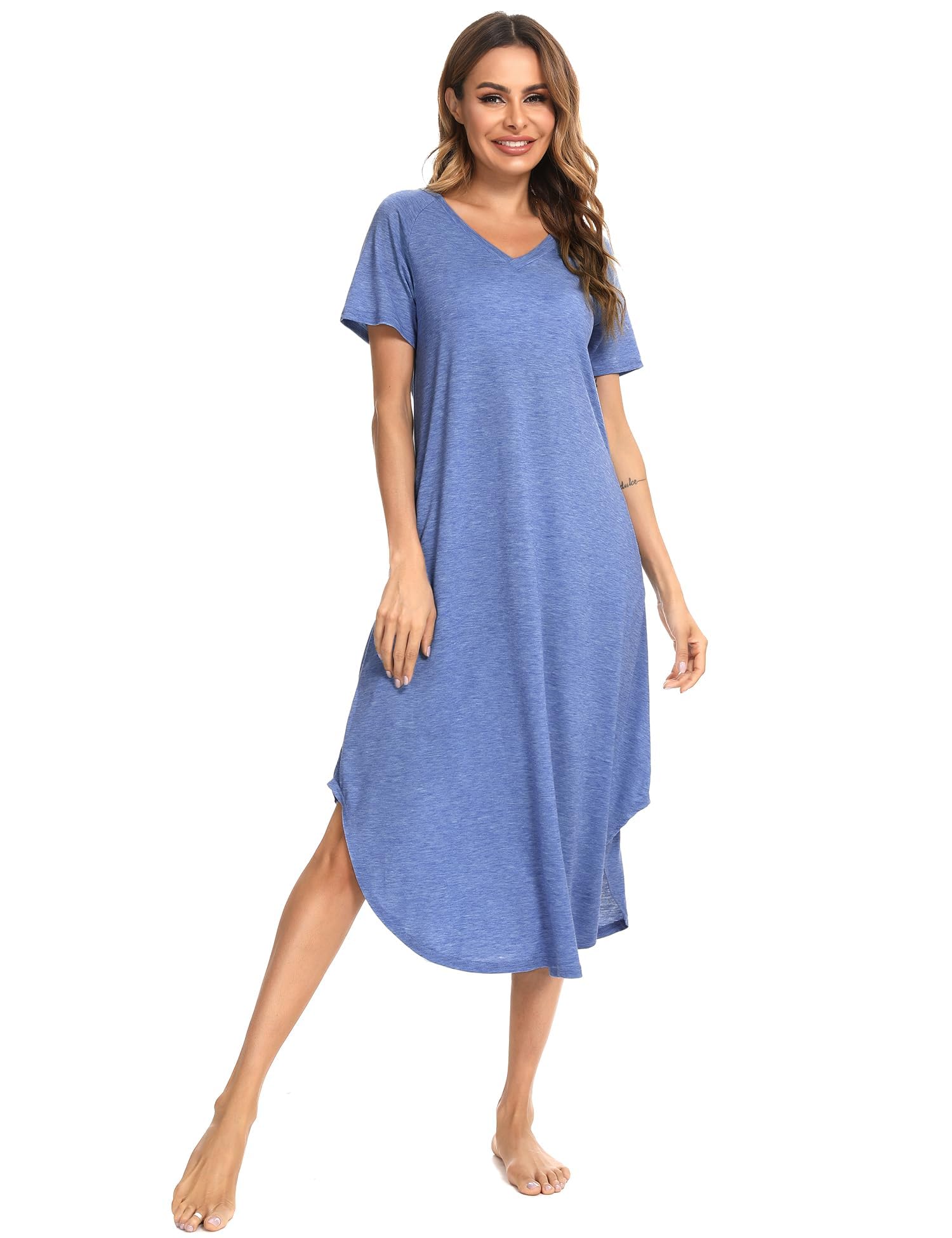 Nieery Camicia Notte Donna Cotone Maniche Corte Scollo a V Sciolto Fessura Elegante Abito Casual Lungo con Tasca