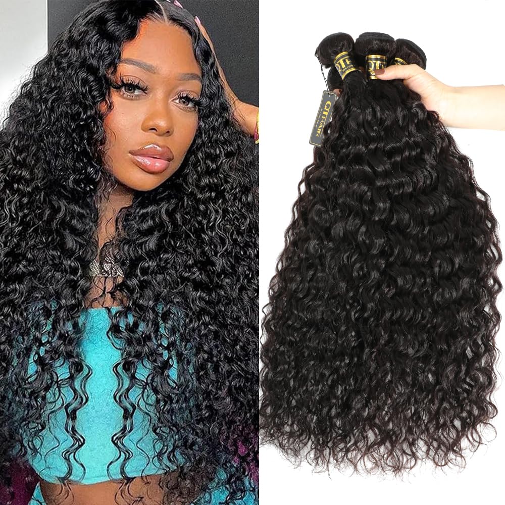 QTHAIR Water Wave Human Hair Bundles (Natural Black,14" 16" 18" 20") Burmese Curly Bundles 18A 100% Unprocessed Brazilian Virgin Human Hair Weave Wet