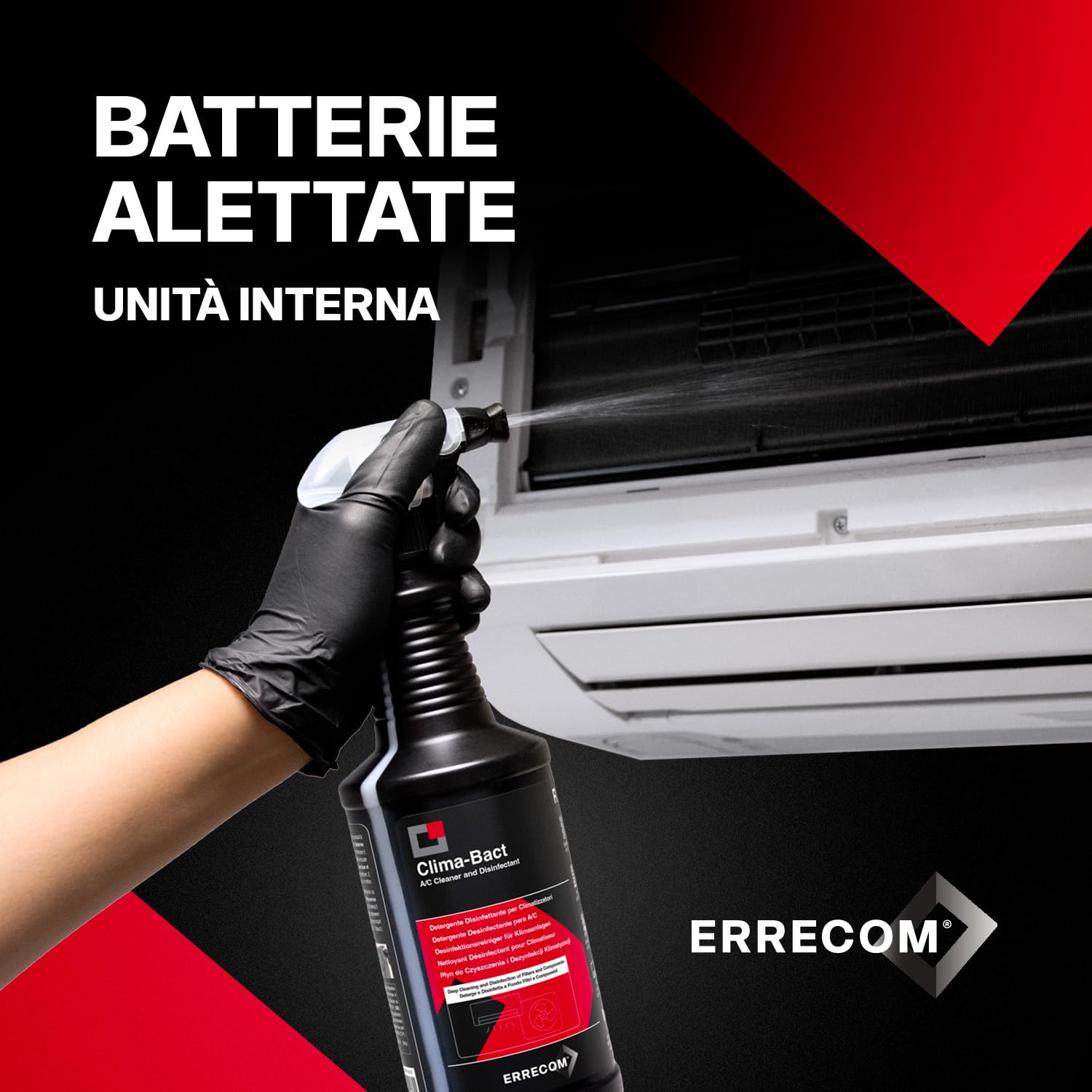 ERRECOM Clima-Bact Detergente Disinfettante per Climatizzatori, Biocida Registrato, Elimina Batteri, Virus, Sporco, Odori, Pulisce e Disinfetta Filtri, Batterie Alettate e Superfici,Biodegradabile,1L