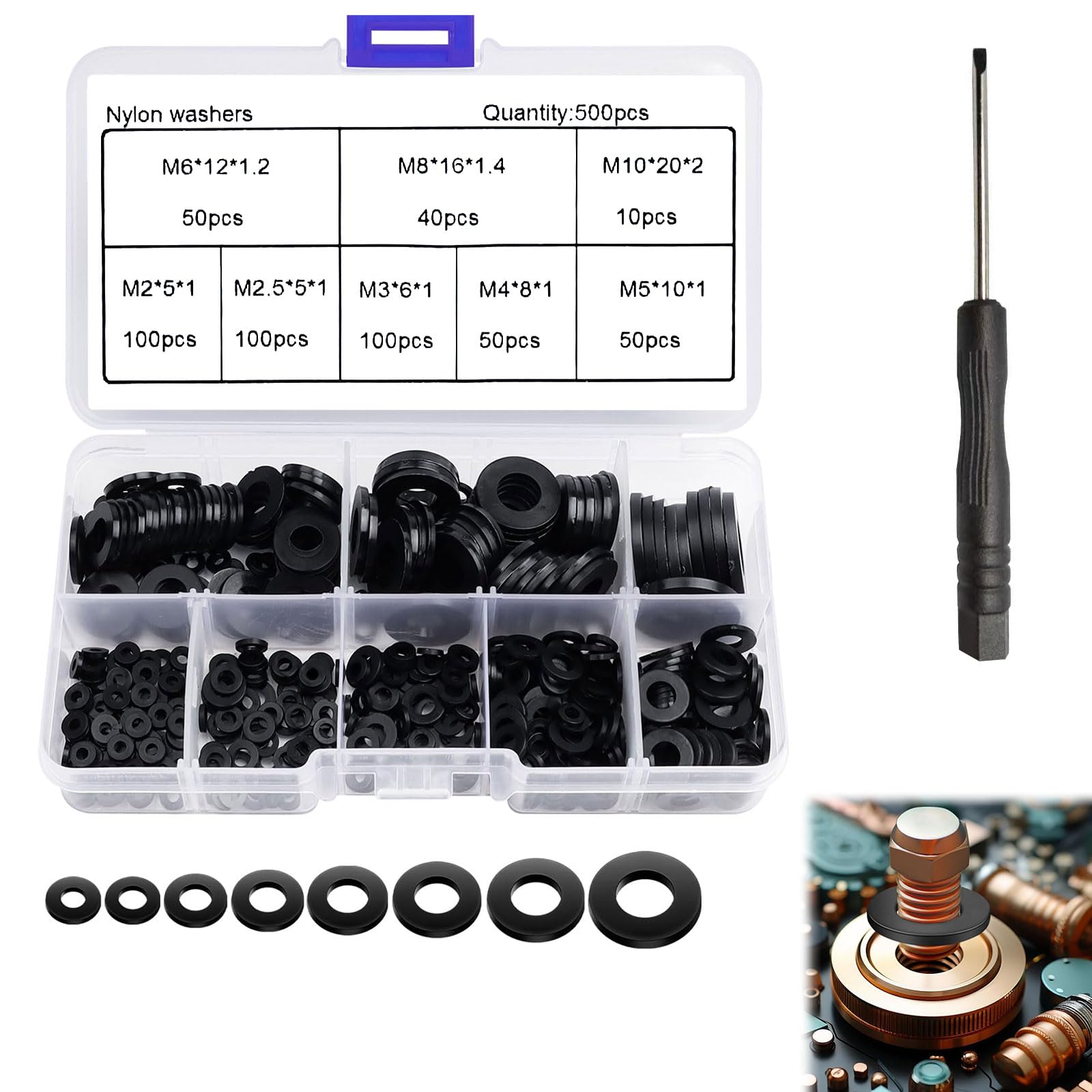 500 Pezzi Rondelle in Nylon, Rondella Piatta Plastica Assortimento Kit, Rondelle di Tenuta Circolare Isolante, Nero, M2/M2.5/M3/M4/M5/M6/M8/M10, per Fissaggi Guarnizioni Rondella