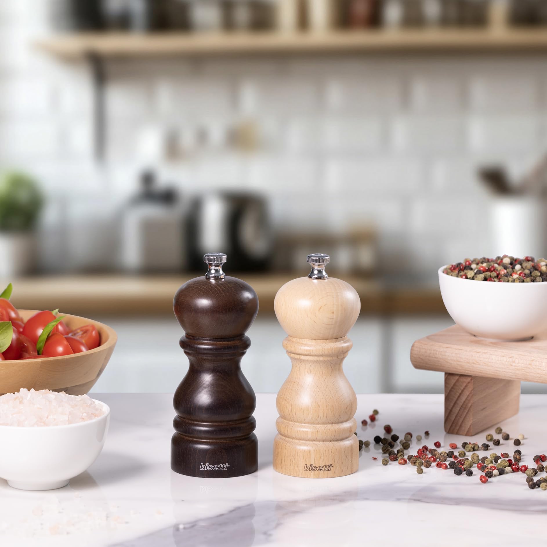 Set Macina Pepe Manuale con Macina in Acciaio Temprato in Legno di Faggio e Macina Sale Manuale in Ceramica ad Alta Resistenza in Legno di Faggio Linea Roma 13 cm-BISETTI
