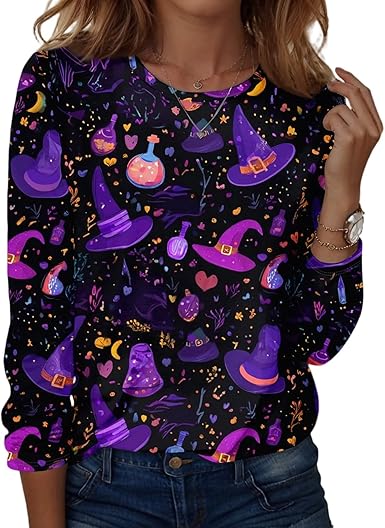 Halloween Shirts for Women Long Sleeve Plus Size Fashion Crewneck Comfortable Tshirts Halloween Costumes for Women