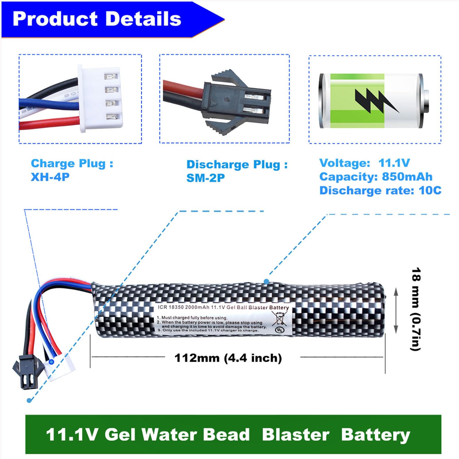 PTIJPOW Airsoft Gel Blaster Battery-11.1V 2000mAh Gel Blaster Battery with USB Charger,Rechargeable Water Bead Splatter Ball Batteries with Mini Tamiya to SM2P Charger Cable(1Pack)