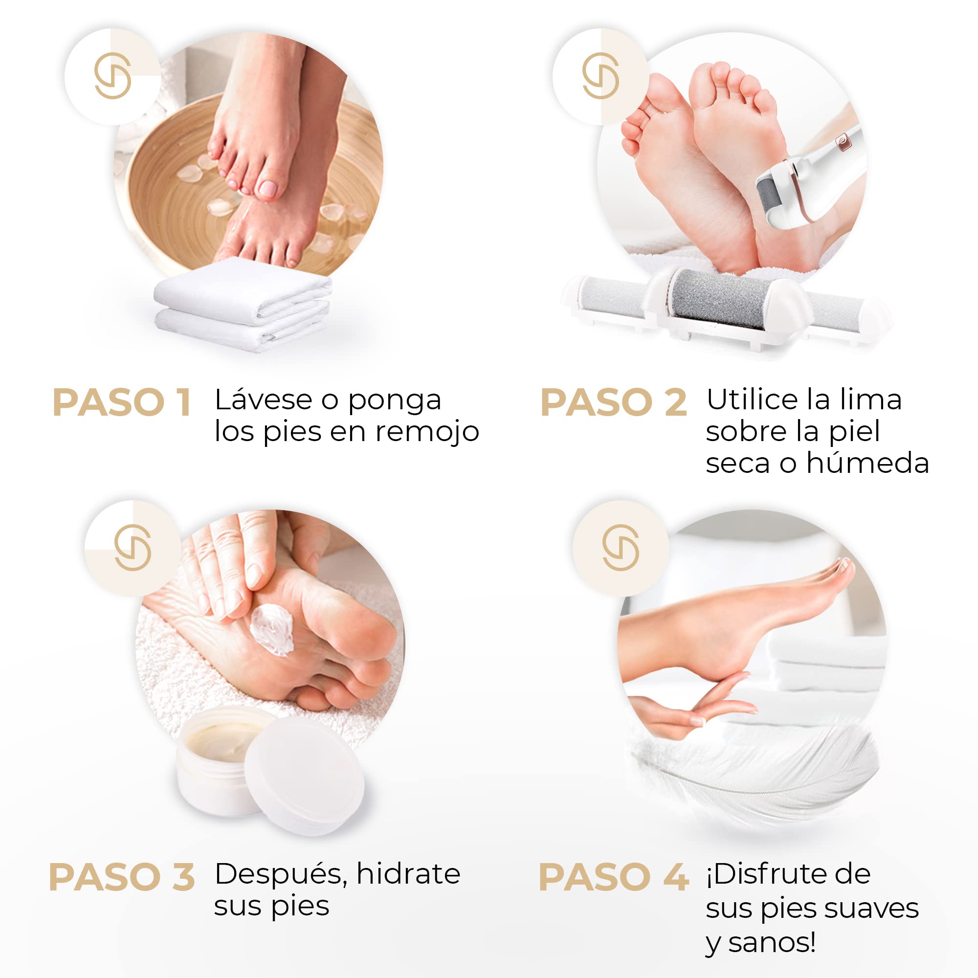 Essy Lima Eléctrica para Pies con 5 Rodillos de Repuesto – Removedor de Callos Recargable, 2 Velocidades, Pantalla LED, Carga USB, Kit de Pedicura (Blanco)