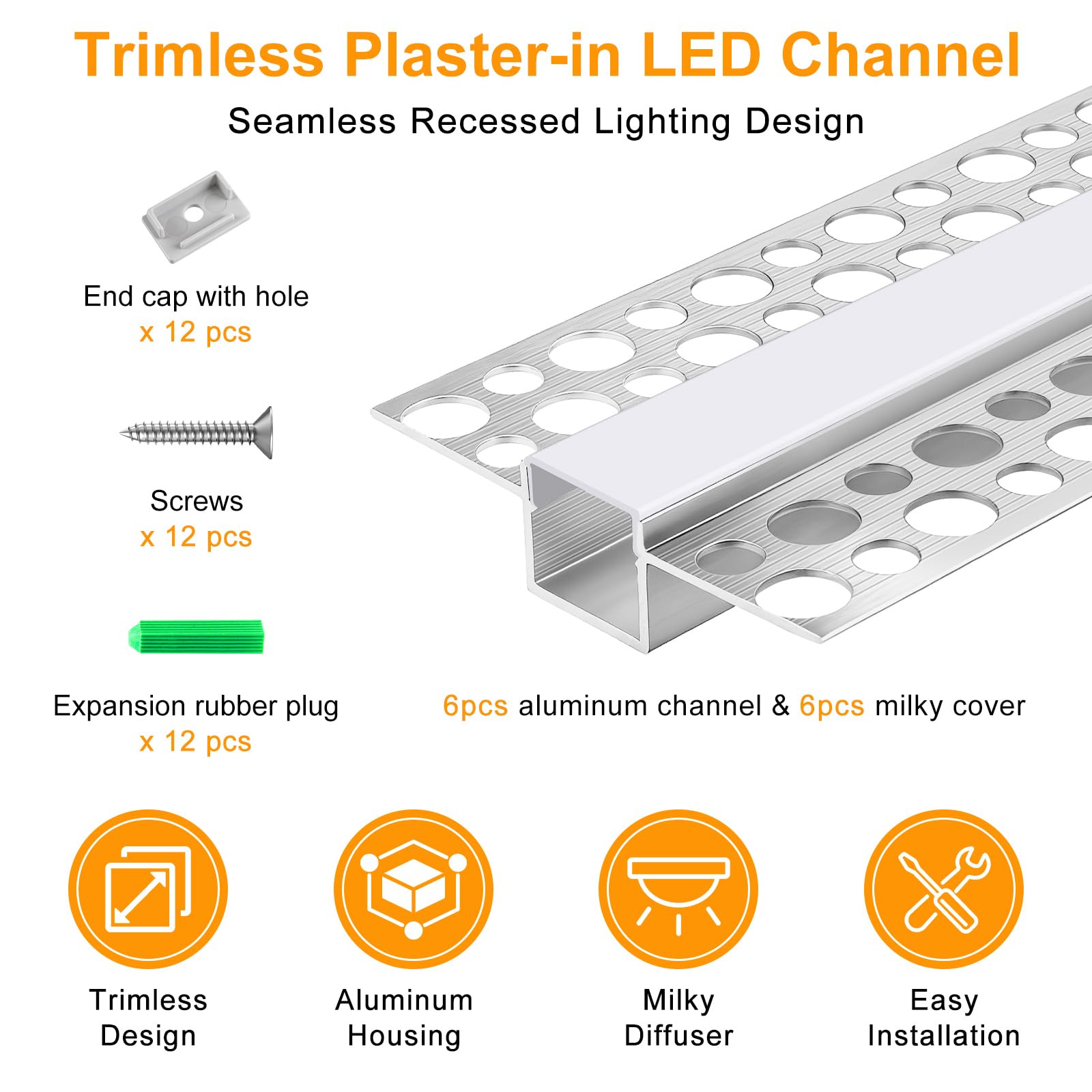 Profili LED intonacati, confezione da 6 canaline in alluminio da 1 m/1 m, con diffusore lattiginoso, adatto per strisce LED fino a 13 mm di larghezza, doppia flangia senza bordo, striscia LED per